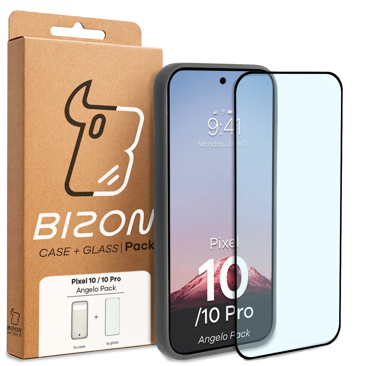 Schutzhülle + gehärtetem Glas für Google Pixel 10 / 10 Pro, Bizon Angelo Pack, Semitransparent mit grauem Rahmen
