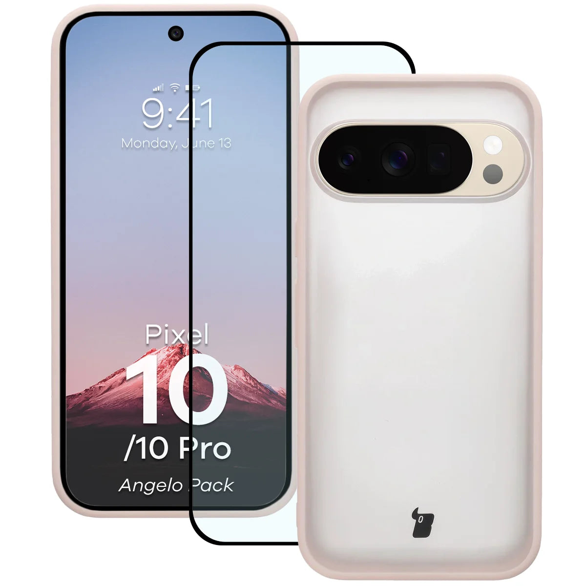 Schutzhülle + gehärtetem Glas für Google Pixel 10 / 10 Pro, Bizon Angelo Pack, Semitransparent mit rosem Rahmen