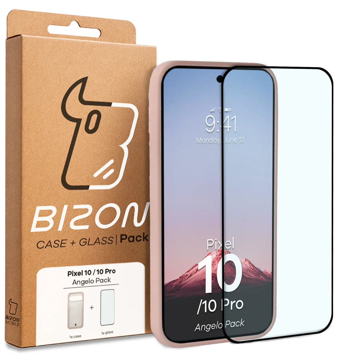 Schutzhülle + gehärtetem Glas für Google Pixel 10 / 10 Pro, Bizon Angelo Pack, Semitransparent mit rosem Rahmen