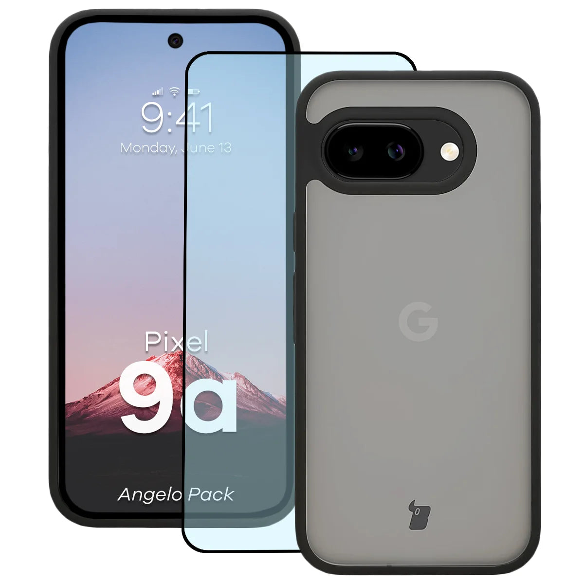 Schutzhülle + gehärtetem Glas für Google Pixel 9a, Bizon Angelo Pack, Getönte mit schwarzem Rahmen