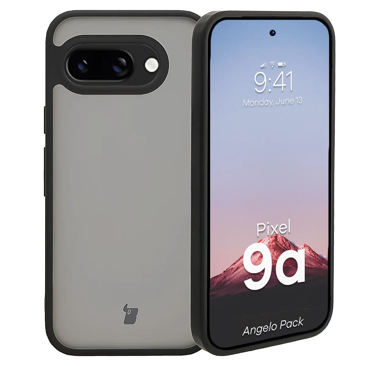 Schutzhülle + gehärtetem Glas für Google Pixel 9a, Bizon Angelo Pack, Getönte mit schwarzem Rahmen