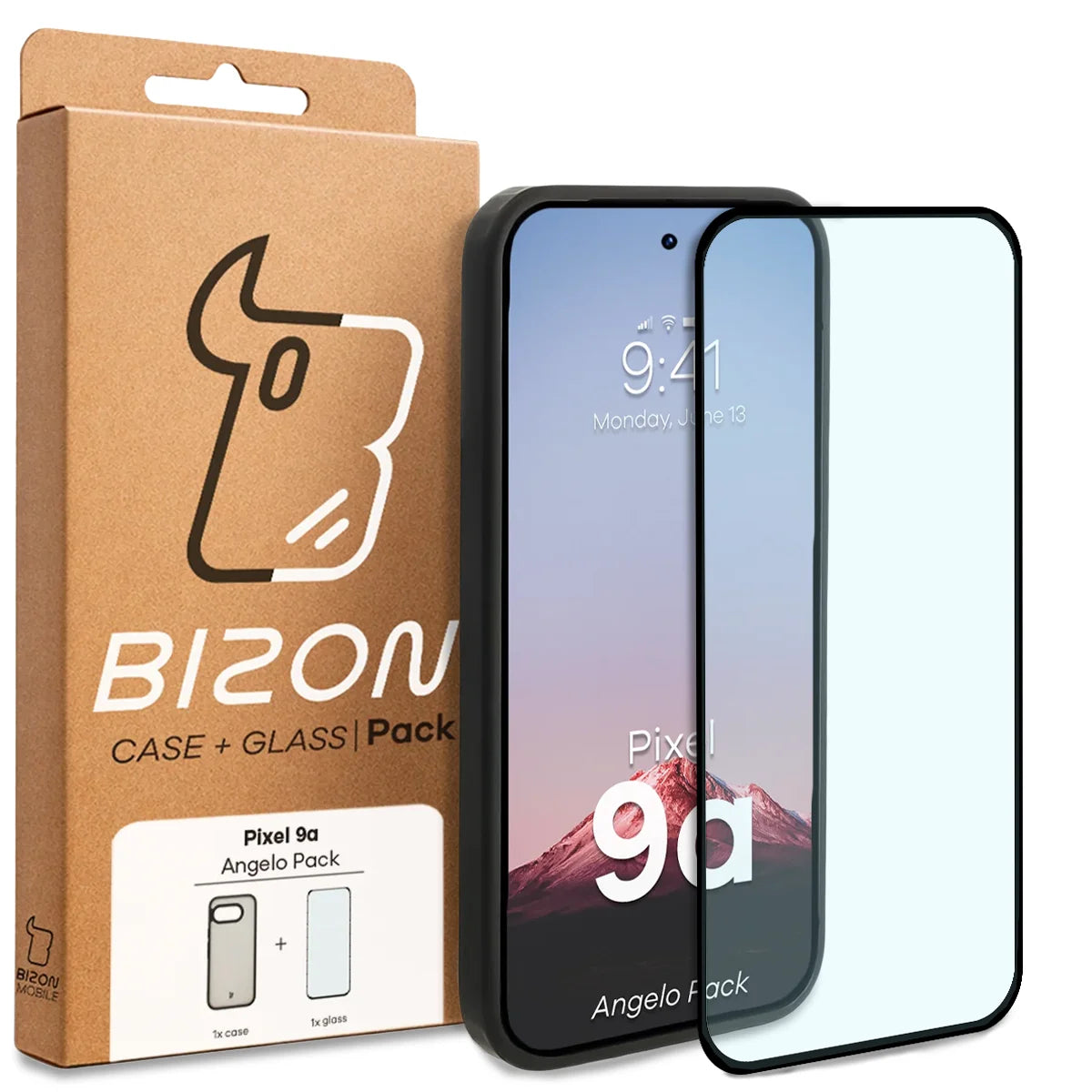 Schutzhülle + gehärtetem Glas für Google Pixel 9a, Bizon Angelo Pack, Getönte mit schwarzem Rahmen