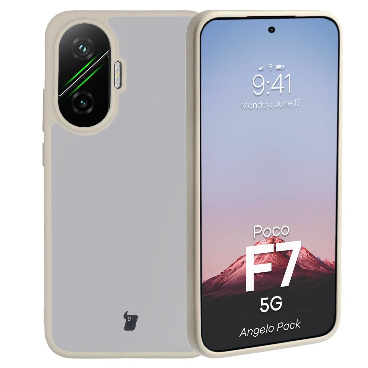 Schutzhülle + gehärtetem Glas Bizon Angelo Pack für Xiaomi POCO F7, Semitransparent mit beigem Rahmen