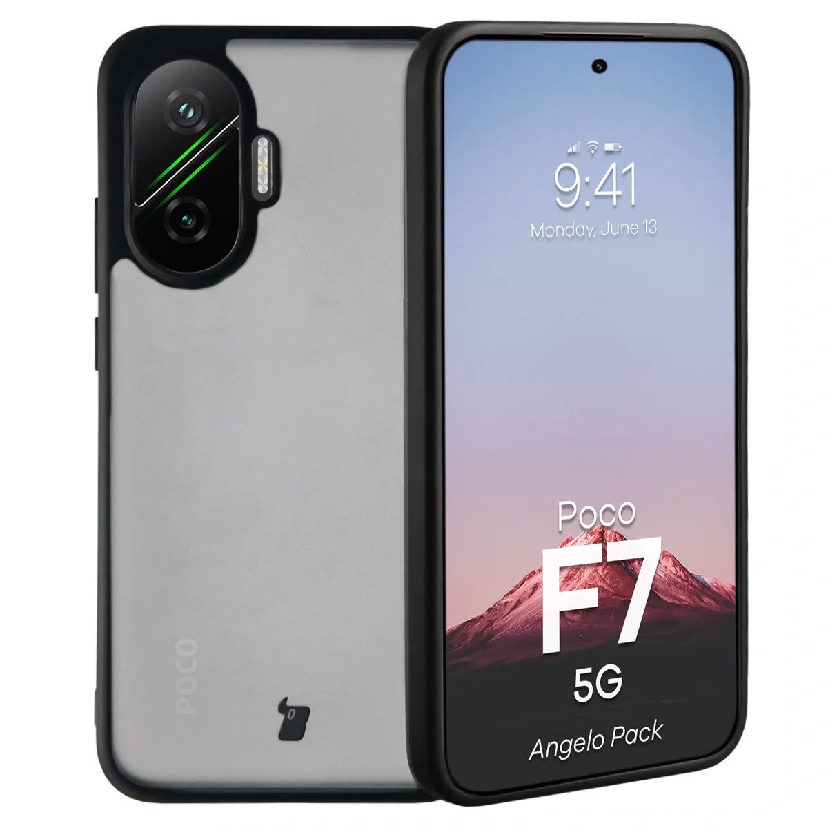 Schutzhülle + gehärtetem Glas Bizon Angelo Pack für Xiaomi POCO F7, Getönte mit schwarzem Rahmen