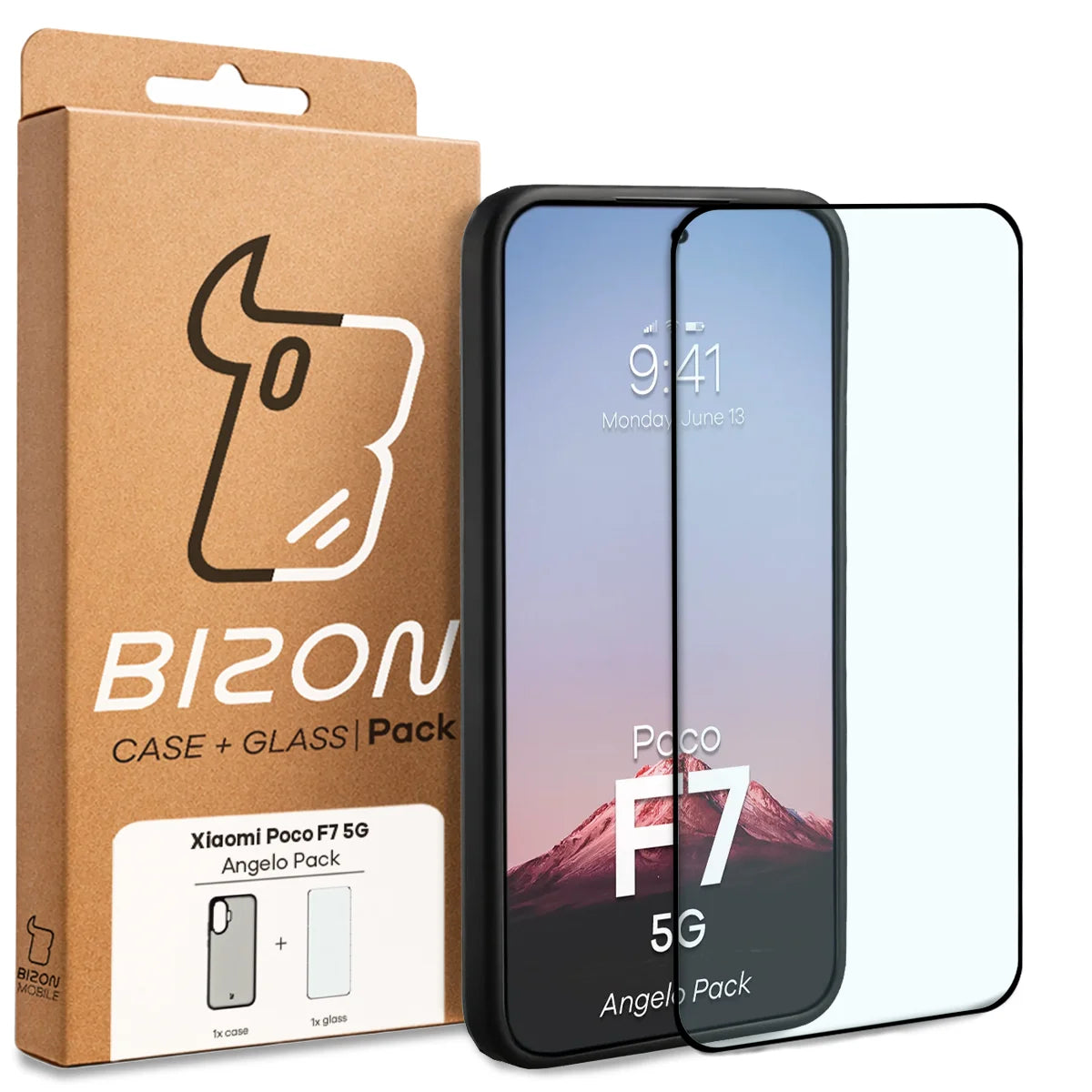 Schutzhülle + gehärtetem Glas Bizon Angelo Pack für Xiaomi POCO F7, Getönte mit schwarzem Rahmen