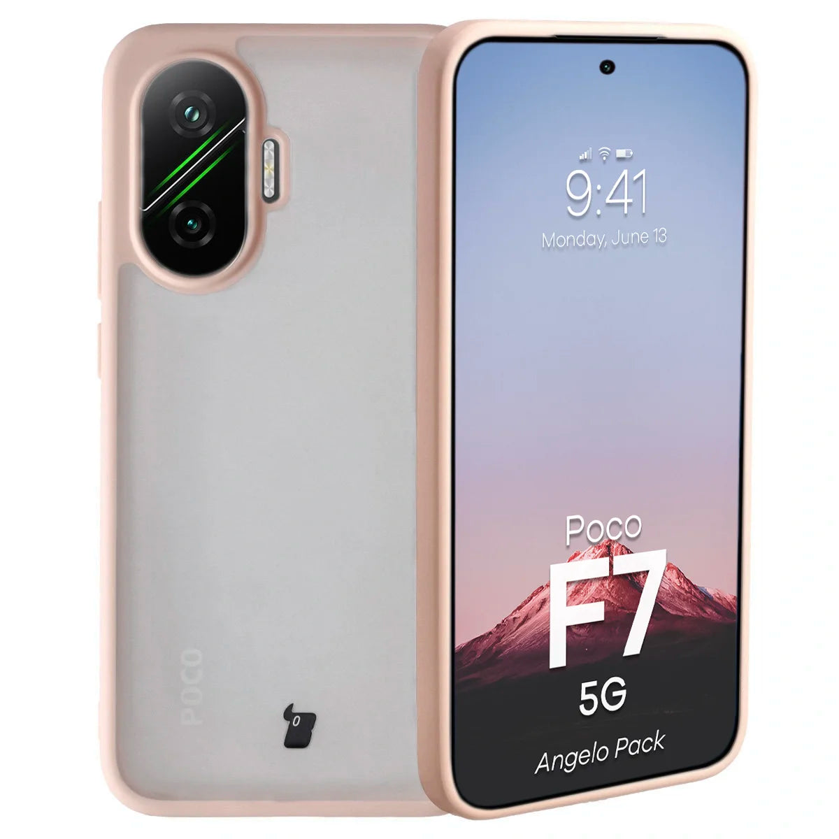 Schutzhülle + gehärtetem Glas für Xiaomi POCO F7, Bizon Angelo Pack, Semitransparent mit rosem Rahmen