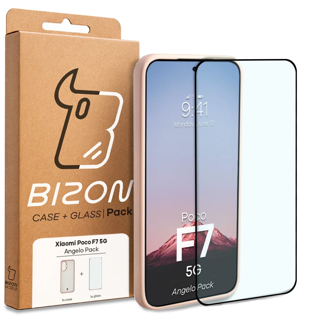 Schutzhülle + gehärtetem Glas für Xiaomi POCO F7, Bizon Angelo Pack, Semitransparent mit rosem Rahmen