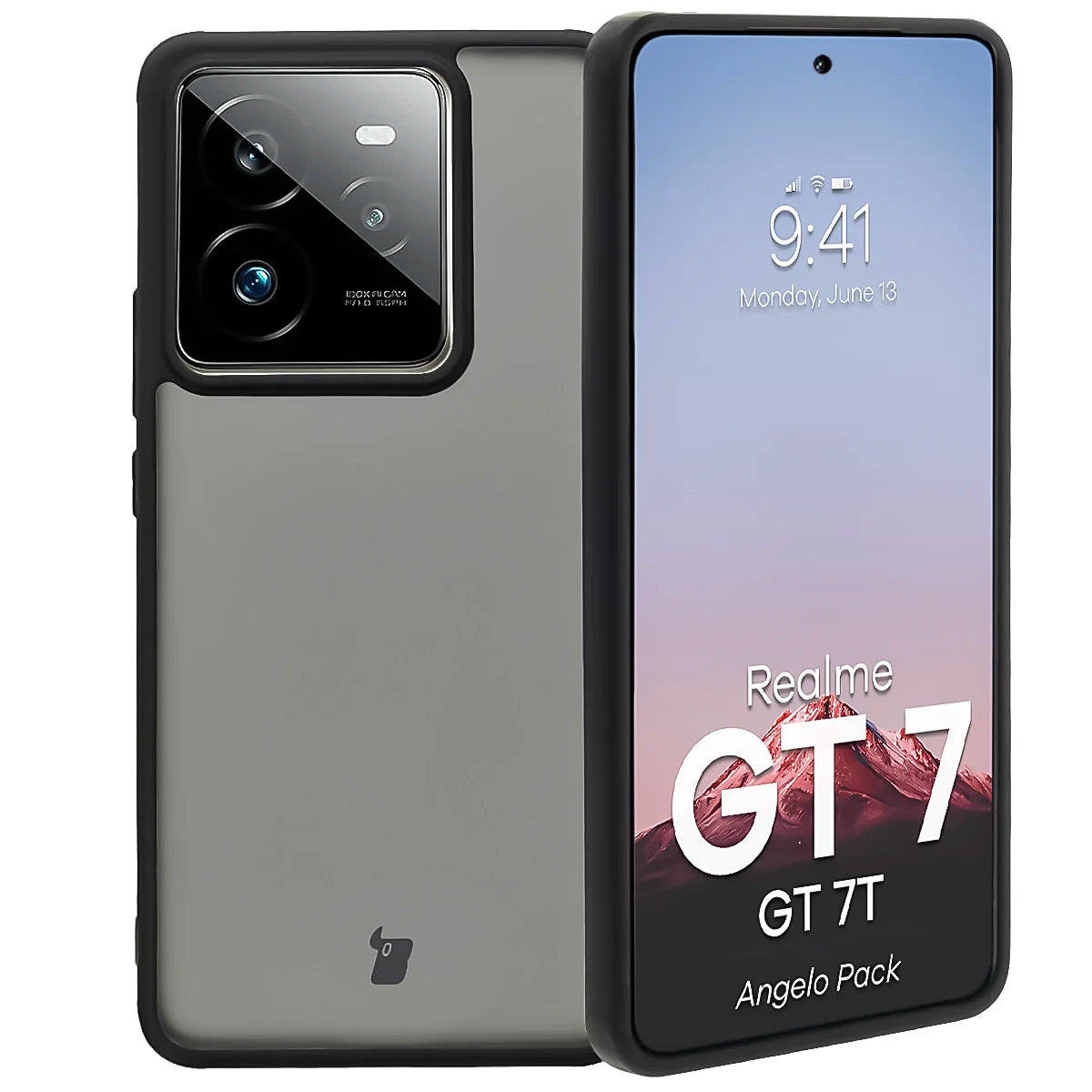 Schutzhülle + gehärtetem Glas für Realme GT 7 / 7T, Bizon Angelo Pack, Getönte mit schwarzem Rahmen