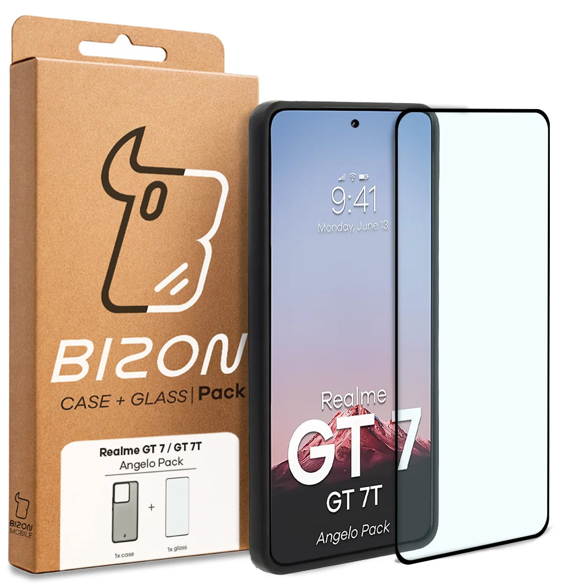 Schutzhülle + gehärtetem Glas für Realme GT 7 / 7T, Bizon Angelo Pack, Getönte mit schwarzem Rahmen