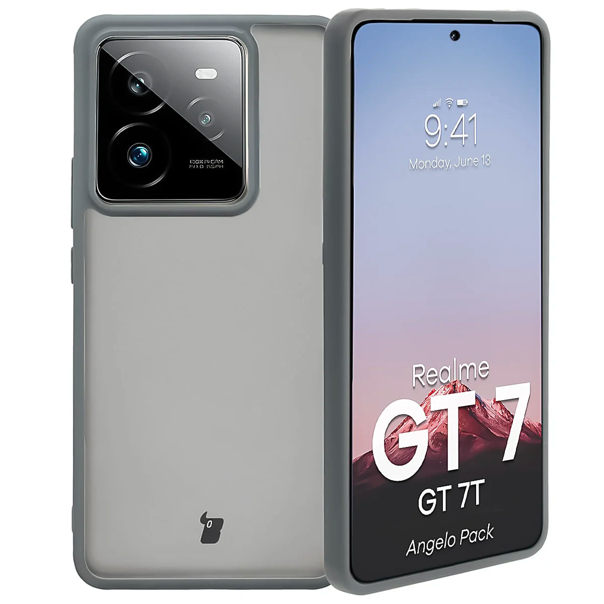 Schutzhülle + gehärtetem Glas für Realme GT 7 / 7T, Bizon Angelo Pack, Semitransparent mit grauem Rahmen