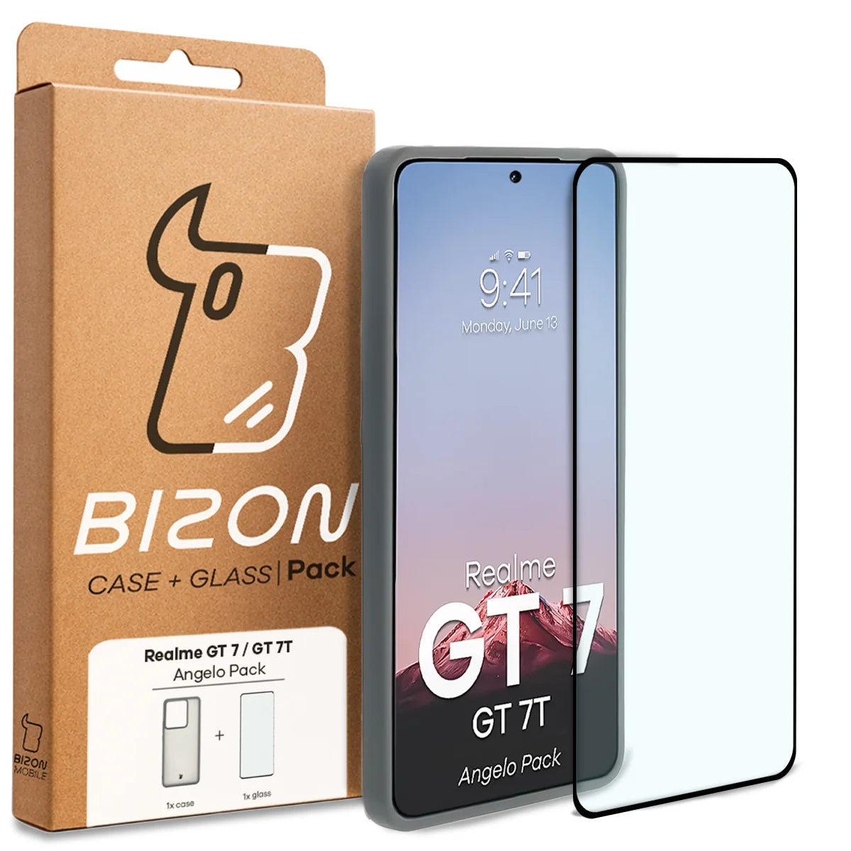 Schutzhülle + gehärtetem Glas für Realme GT 7 / 7T, Bizon Angelo Pack, Semitransparent mit grauem Rahmen