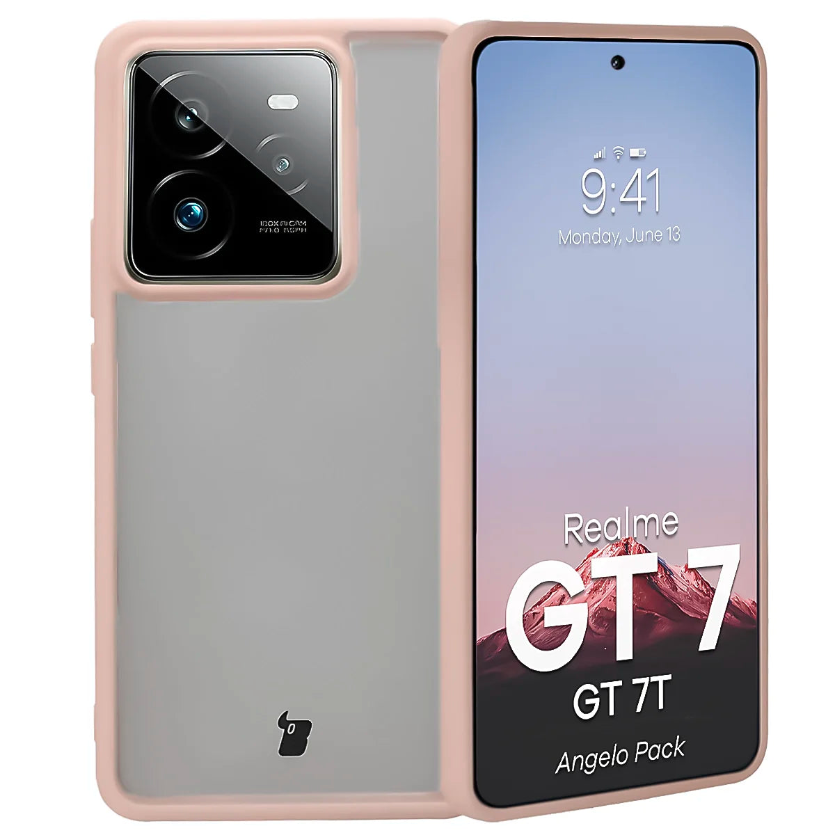 Schutzhülle + gehärtetem Glas Bizon Angelo Pack für Realme GT 7 / 7T, Semitransparent mit rosem Rahmen