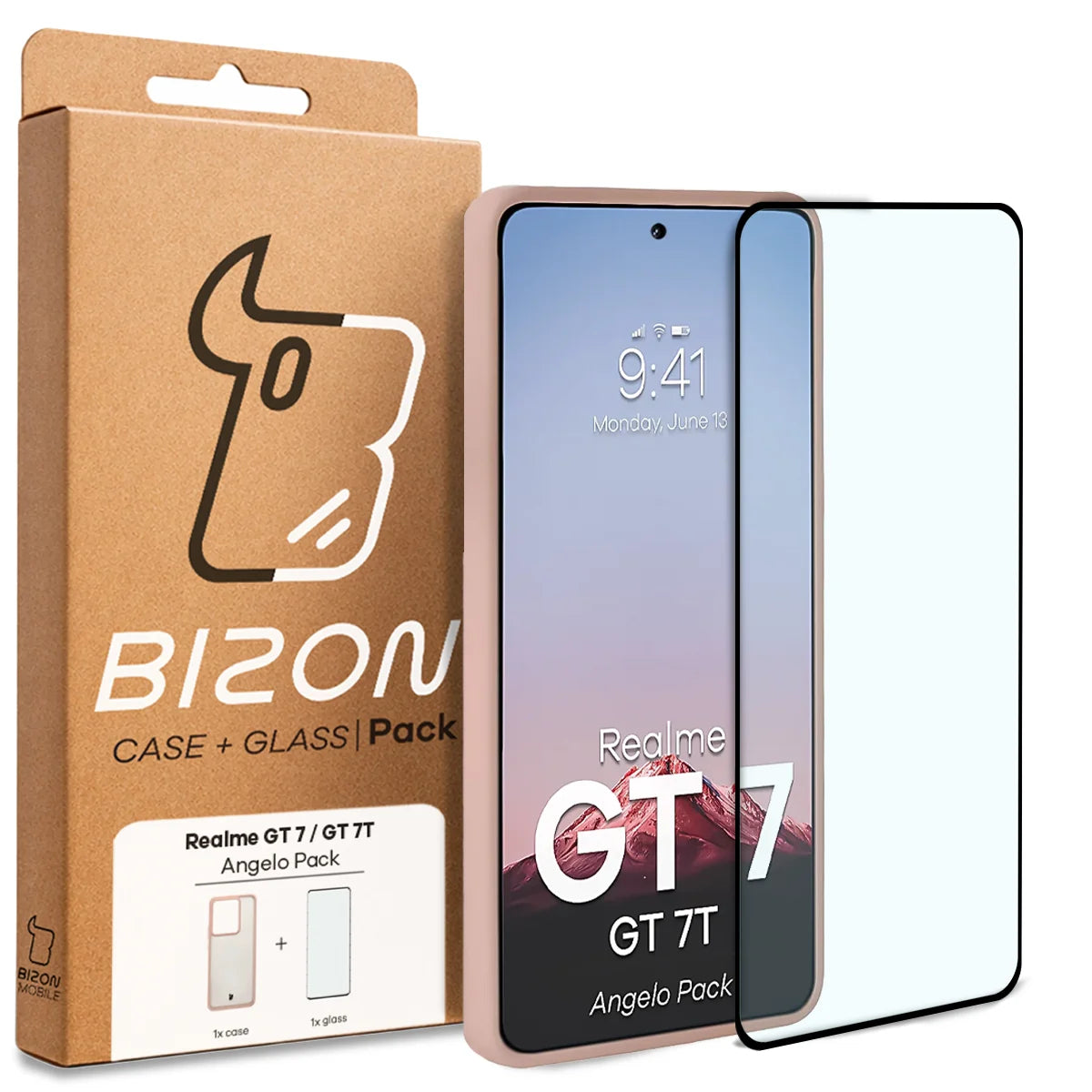 Schutzhülle + gehärtetem Glas Bizon Angelo Pack für Realme GT 7 / 7T, Semitransparent mit rosem Rahmen