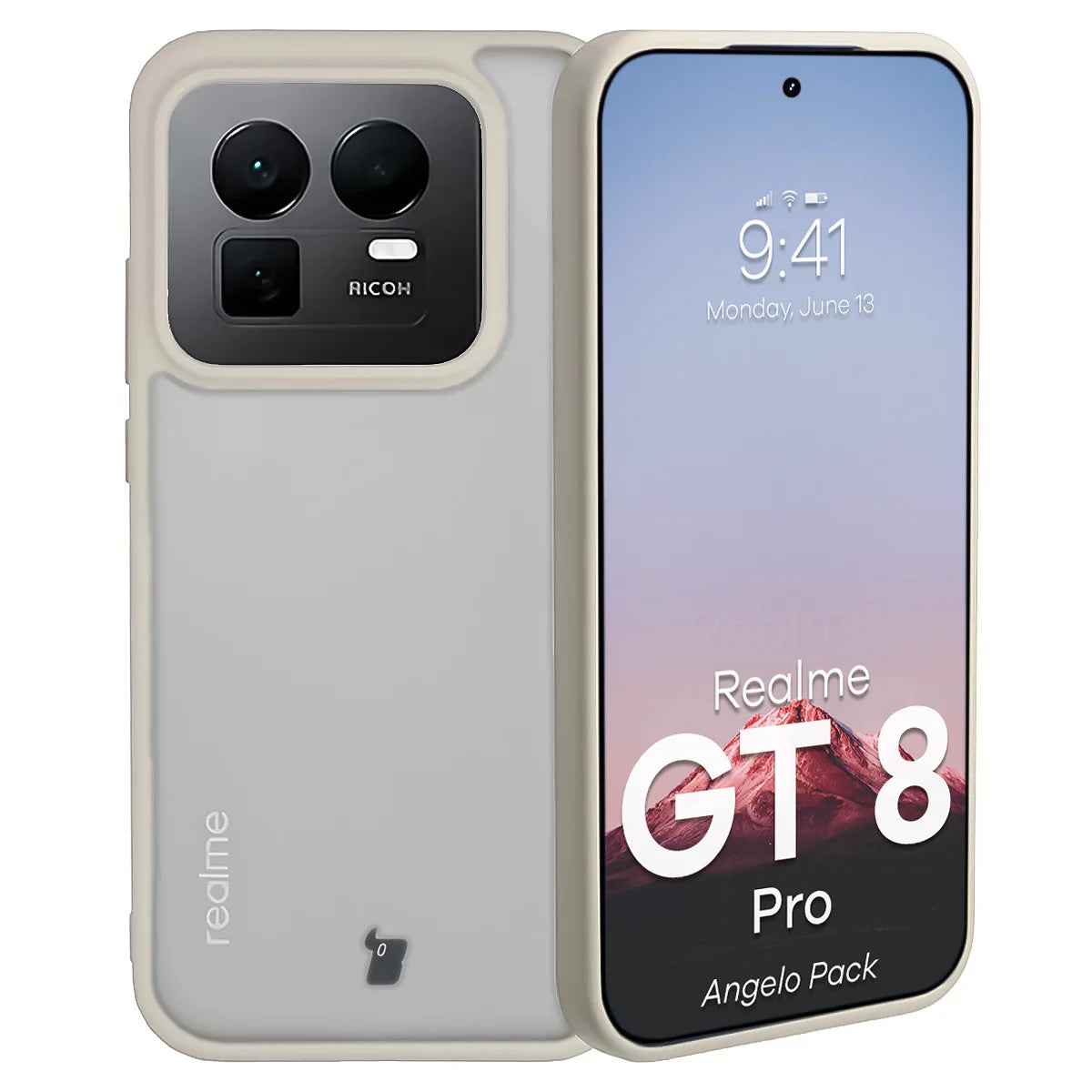 Schutzhülle + gehärtetem Glas Bizon Angelo Pack für Realme GT 8 Pro, Semitransparent mit beigem Rahmen