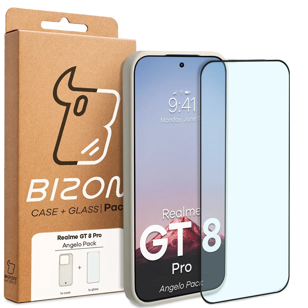 Schutzhülle + gehärtetem Glas Bizon Angelo Pack für Realme GT 8 Pro, Semitransparent mit beigem Rahmen