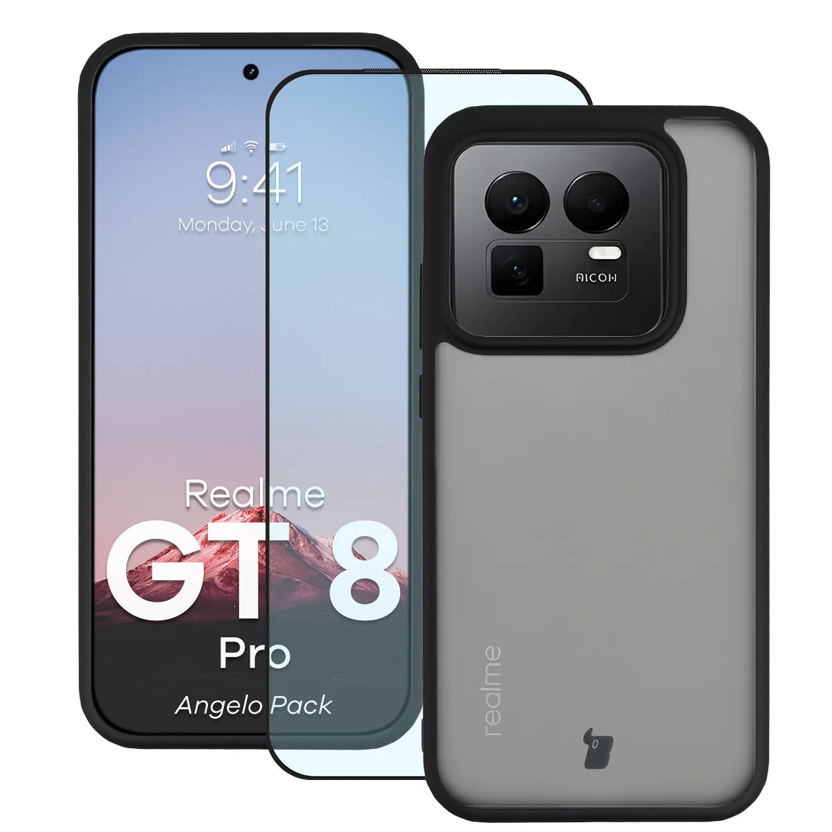 Schutzhülle + gehärtetem Glas für Realme GT 8 Pro, Bizon Angelo Pack, Getönte mit schwarzem Rahmen