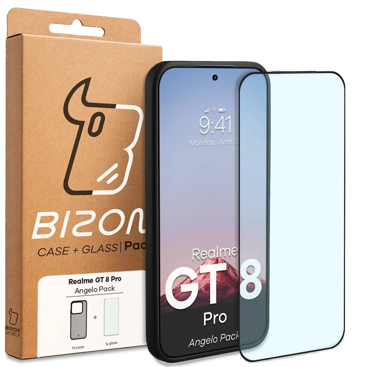 Schutzhülle + gehärtetem Glas für Realme GT 8 Pro, Bizon Angelo Pack, Getönte mit schwarzem Rahmen