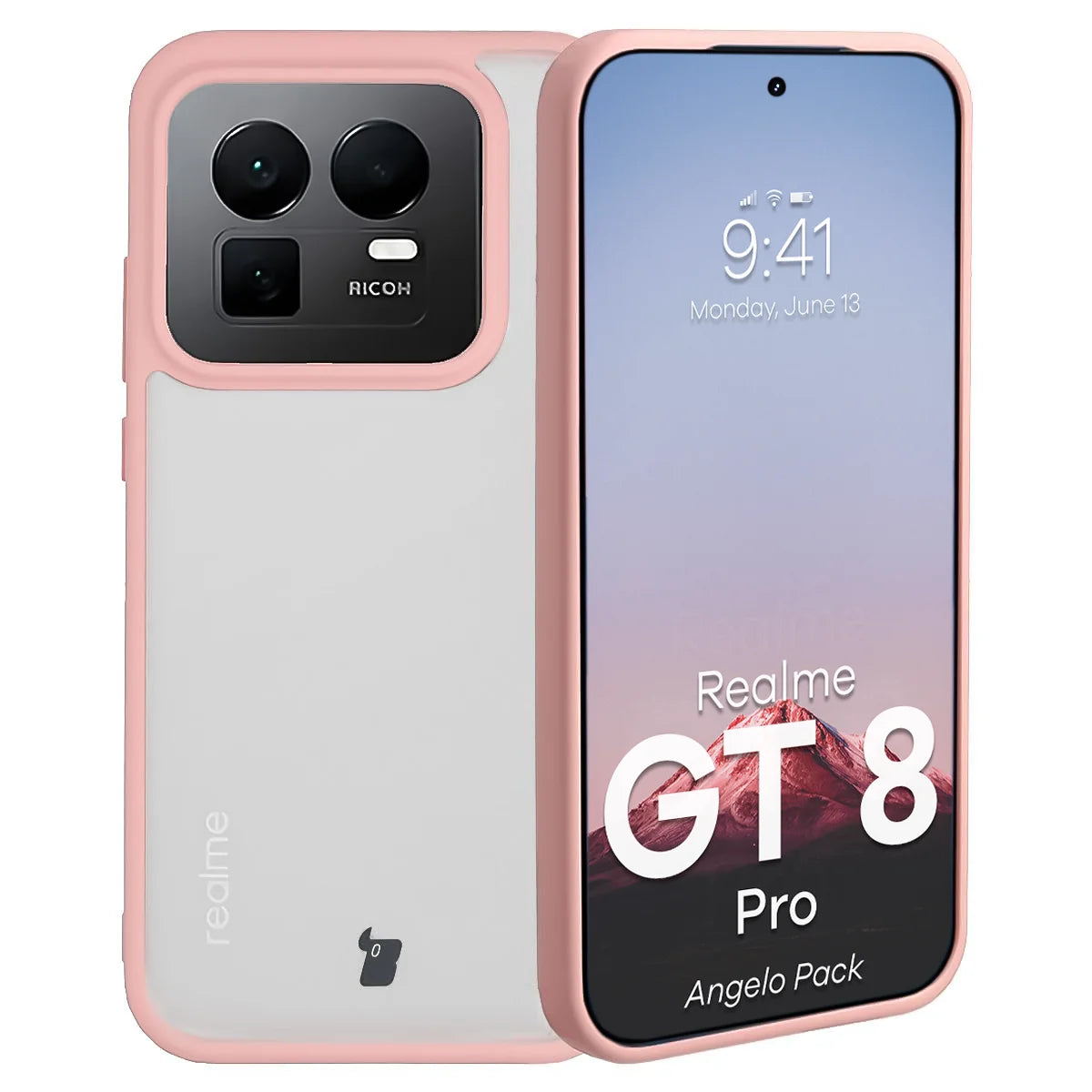 Schutzhülle + gehärtetem Glas für Realme GT 8 Pro, Bizon Angelo Pack, Semitransparent mit hellrosem Rahmen
