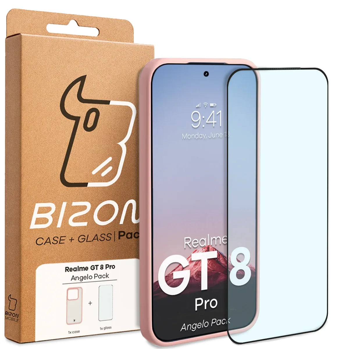Schutzhülle + gehärtetem Glas für Realme GT 8 Pro, Bizon Angelo Pack, Semitransparent mit hellrosem Rahmen
