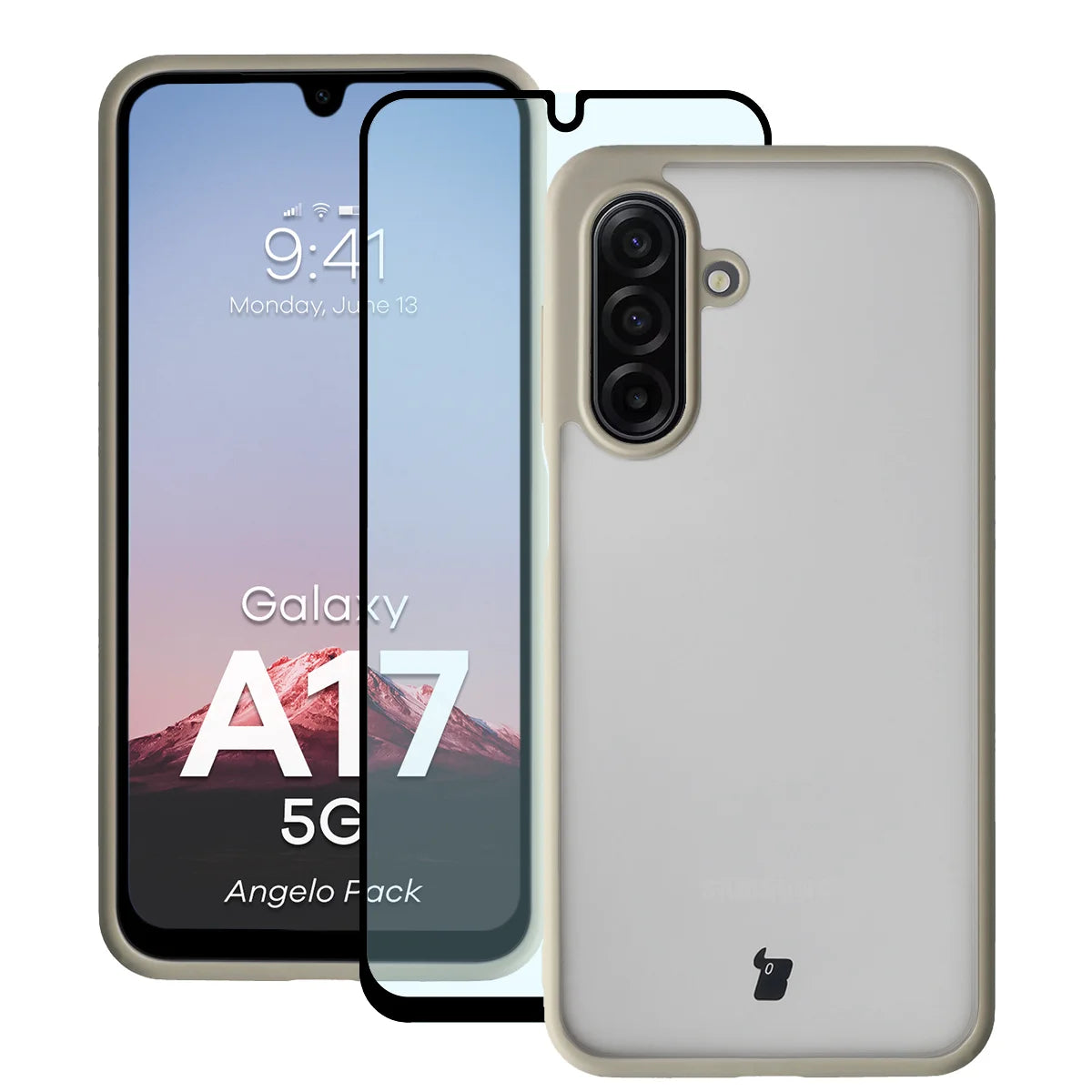 Schutzhülle + gehärtetem Glas für Galaxy A17 5G, Bizon Angelo Pack, Semitransparent mit beigem Rahmen
