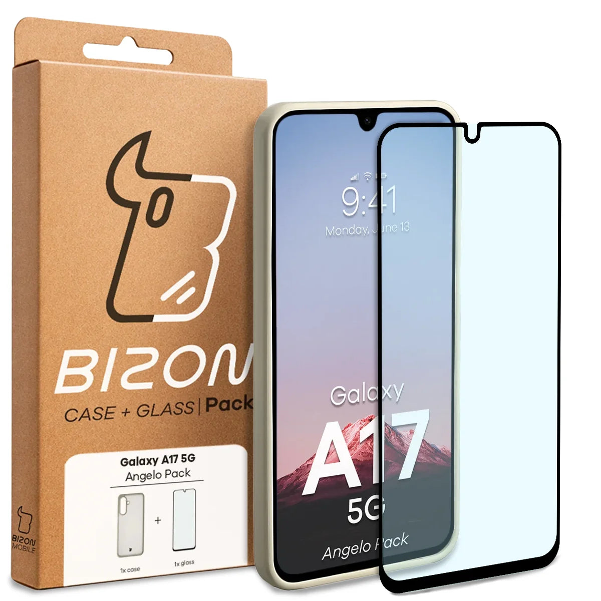 Schutzhülle + gehärtetem Glas für Galaxy A17 5G, Bizon Angelo Pack, Semitransparent mit beigem Rahmen