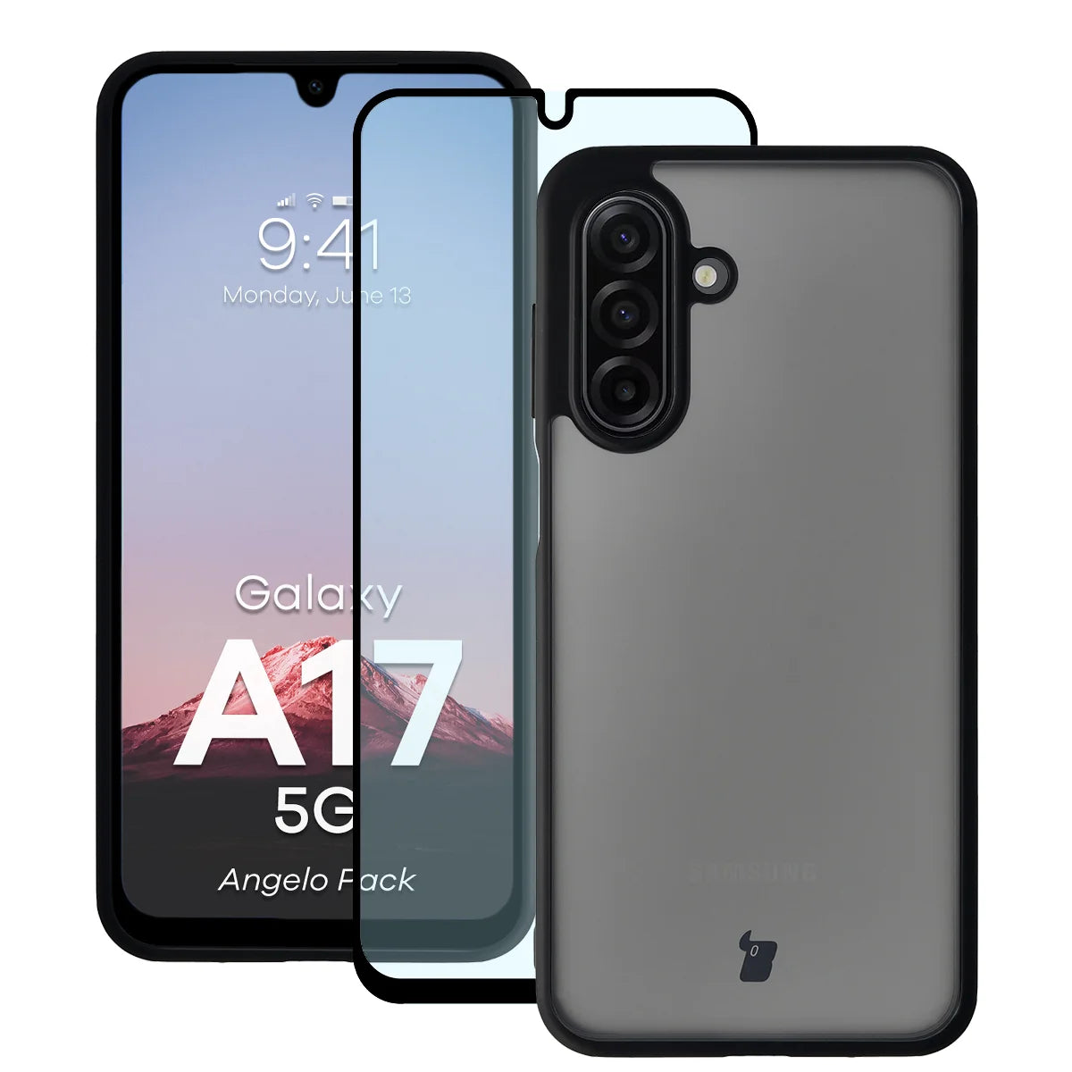 Schutzhülle + gehärtetem Glas für Galaxy A17 5G, Bizon Angelo Pack, Getönte mit schwarzem Rahmen