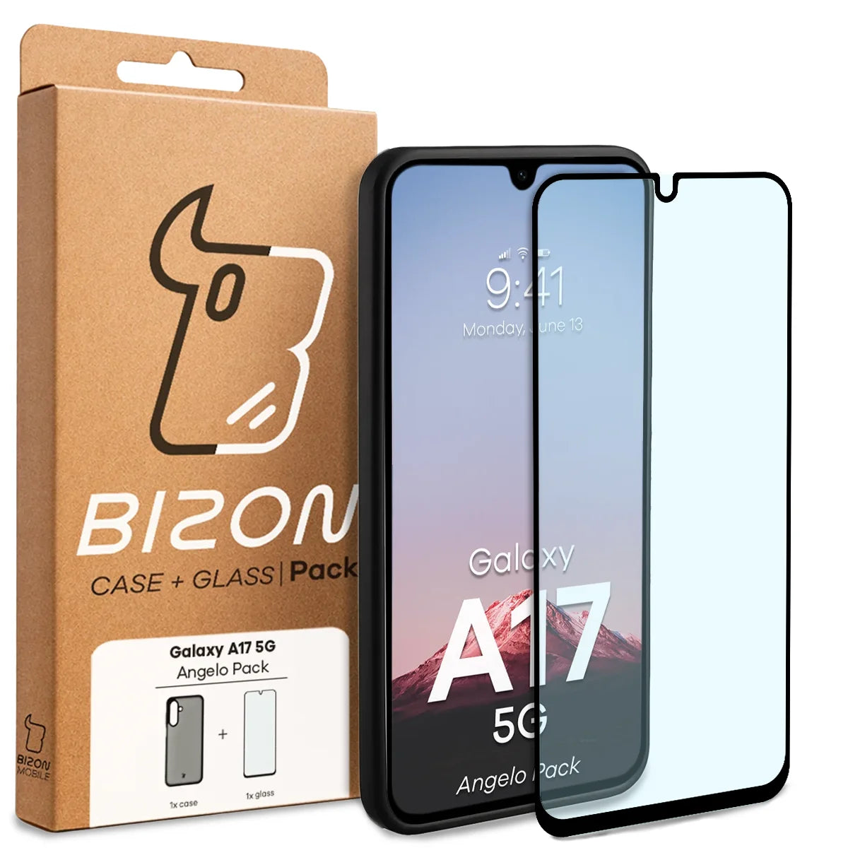 Schutzhülle + gehärtetem Glas für Galaxy A17 5G, Bizon Angelo Pack, Getönte mit schwarzem Rahmen