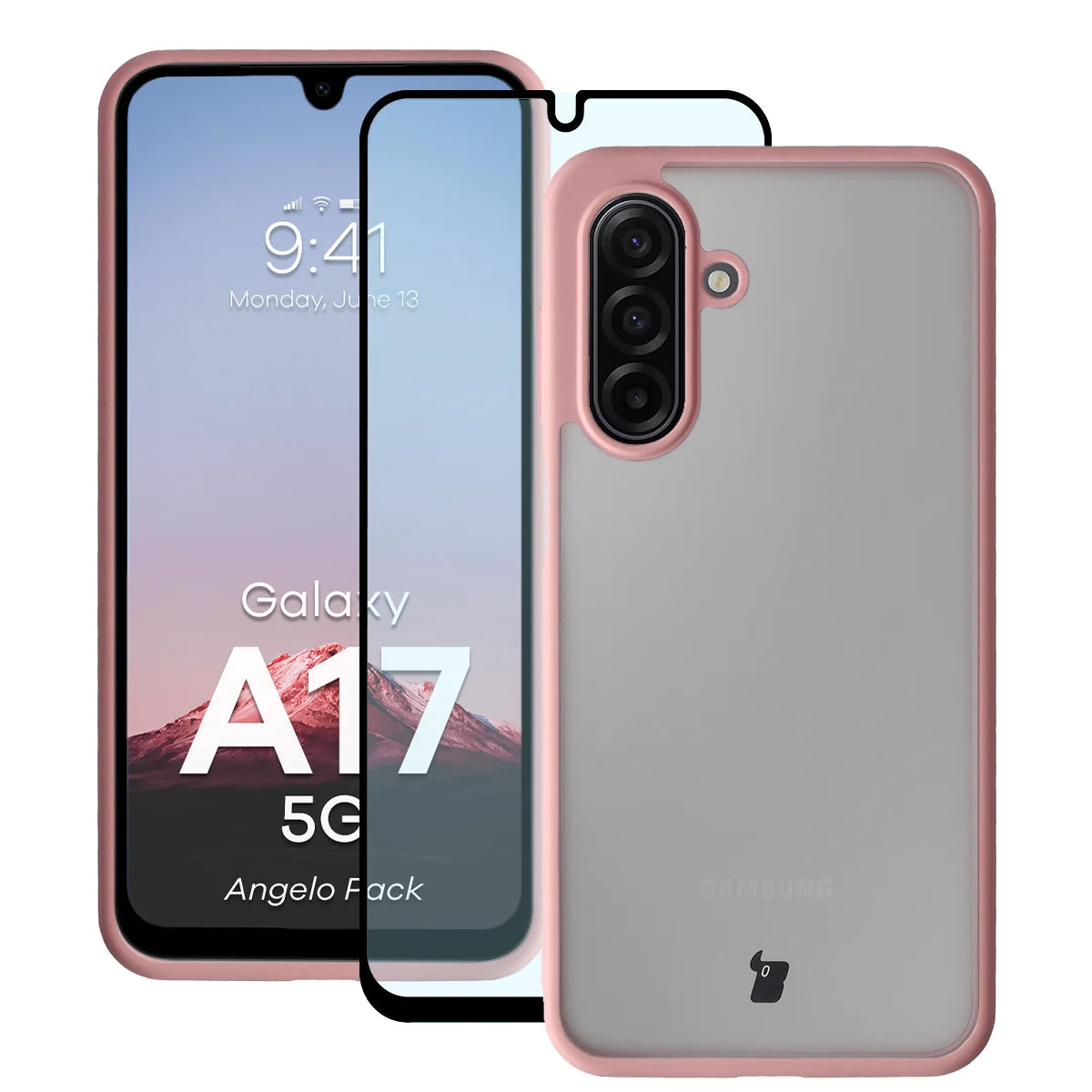 Schutzhülle + gehärtetem Glas Bizon Angelo Pack für Galaxy A17 5G, Semitransparent mit hellrosem Rahmen