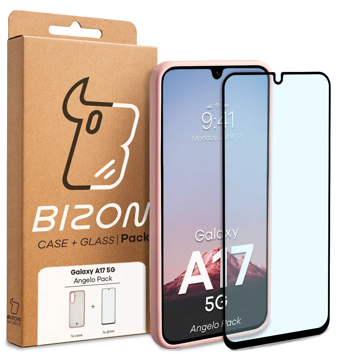 Schutzhülle + gehärtetem Glas Bizon Angelo Pack für Galaxy A17 5G, Semitransparent mit hellrosem Rahmen