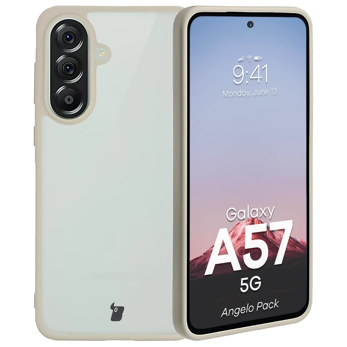 Schutzhülle + gehärtetem Glas für Galaxy A57 5G, Bizon Angelo Pack, Semitransparent mit beigem Rahmen