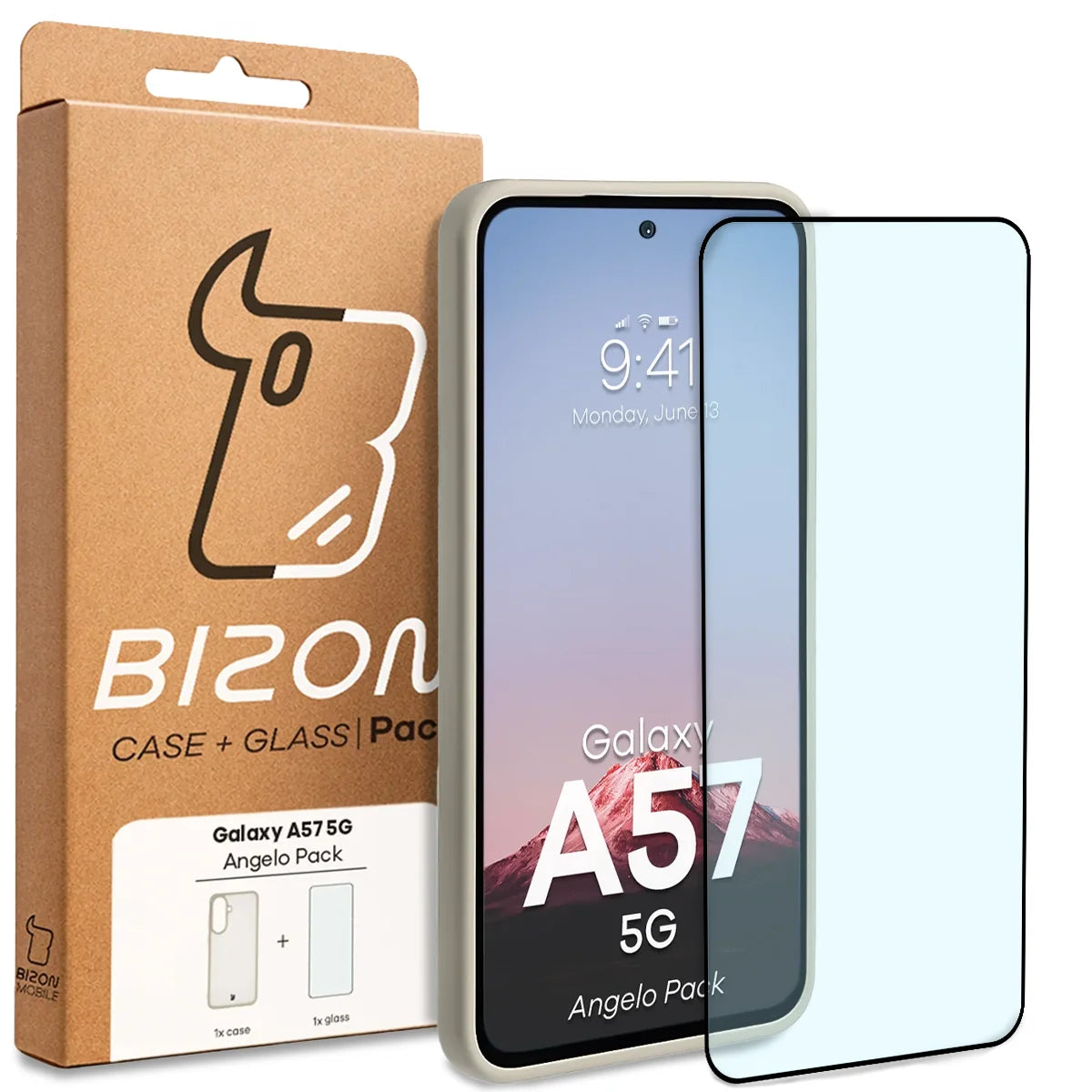 Schutzhülle + gehärtetem Glas für Galaxy A57 5G, Bizon Angelo Pack, Semitransparent mit beigem Rahmen
