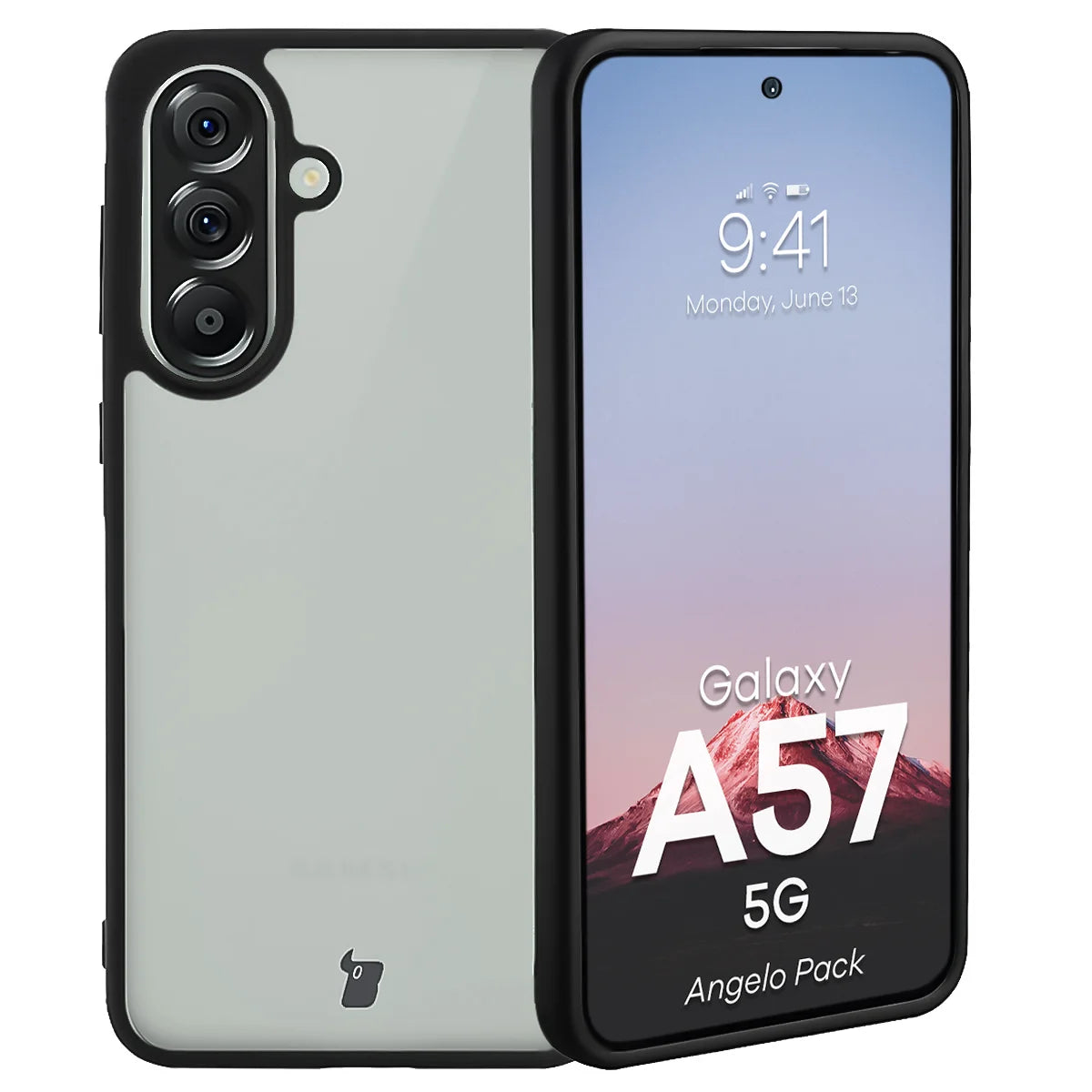 Schutzhülle + gehärtetem Glas für Galaxy A57 5G, Bizon Angelo Pack, Getönte mit schwarzem Rahmen