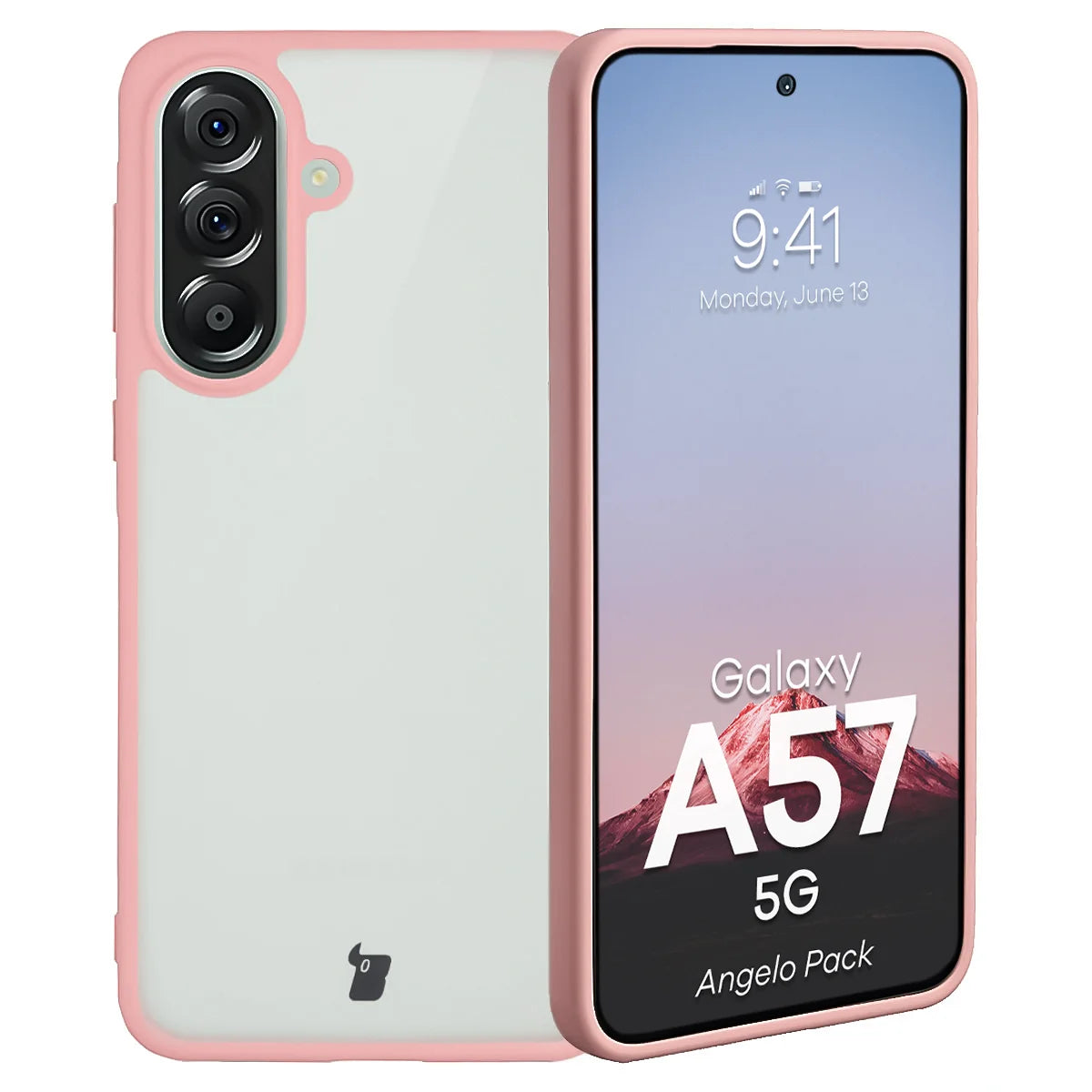 Schutzhülle + gehärtetem Glas für Galaxy A57 5G, Bizon Angelo Pack, Semitransparent mit hellrosem Rahmen
