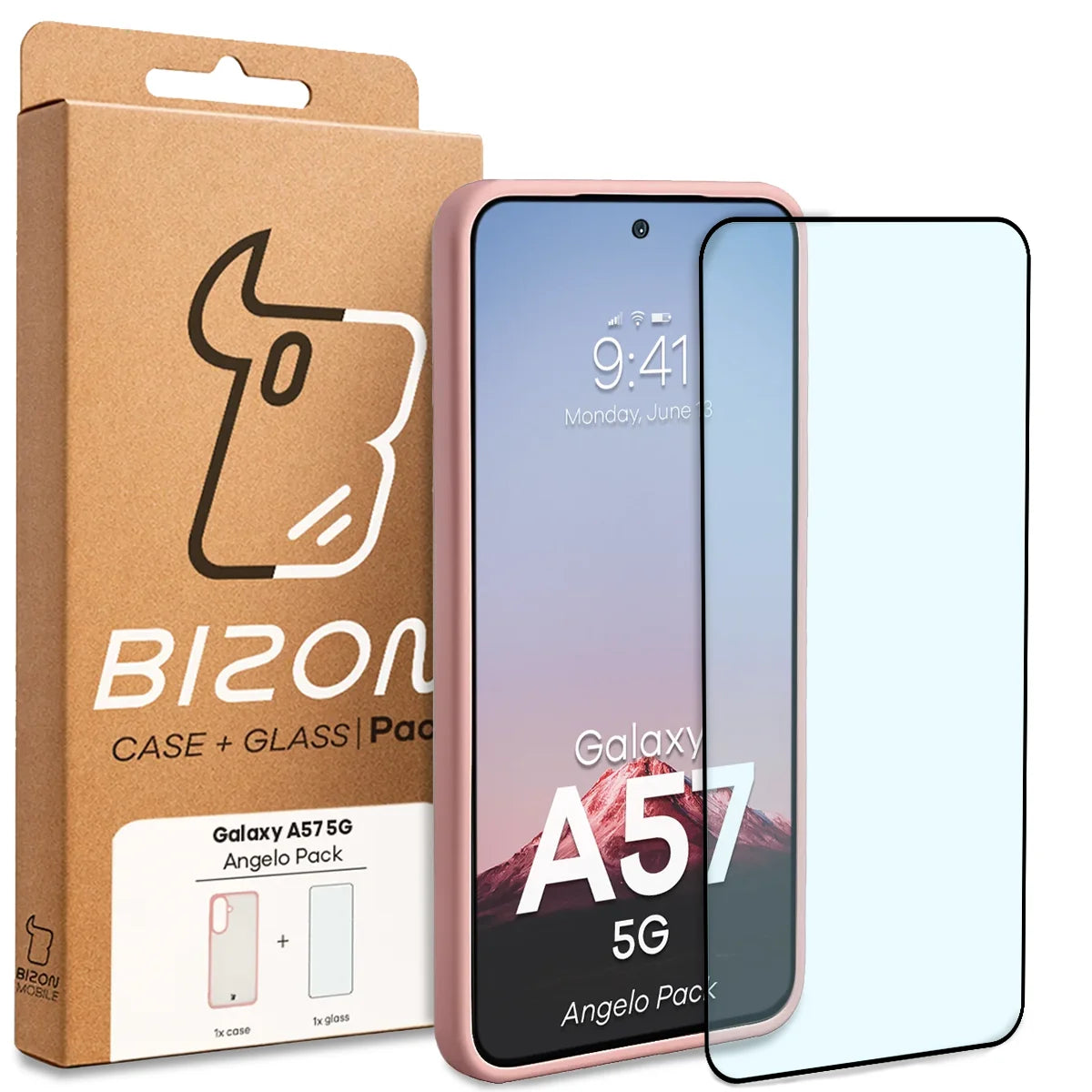 Schutzhülle + gehärtetem Glas für Galaxy A57 5G, Bizon Angelo Pack, Semitransparent mit hellrosem Rahmen