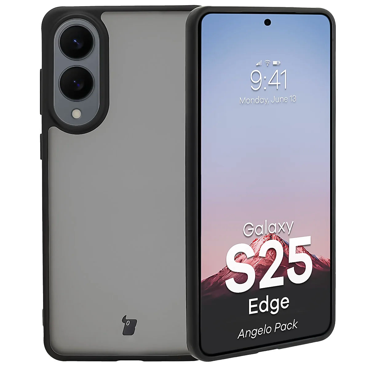 Schutzhülle + gehärtetem Glas Bizon Angelo Pack für Galaxy S25 Edge, Getönte mit schwarzem Rahmen