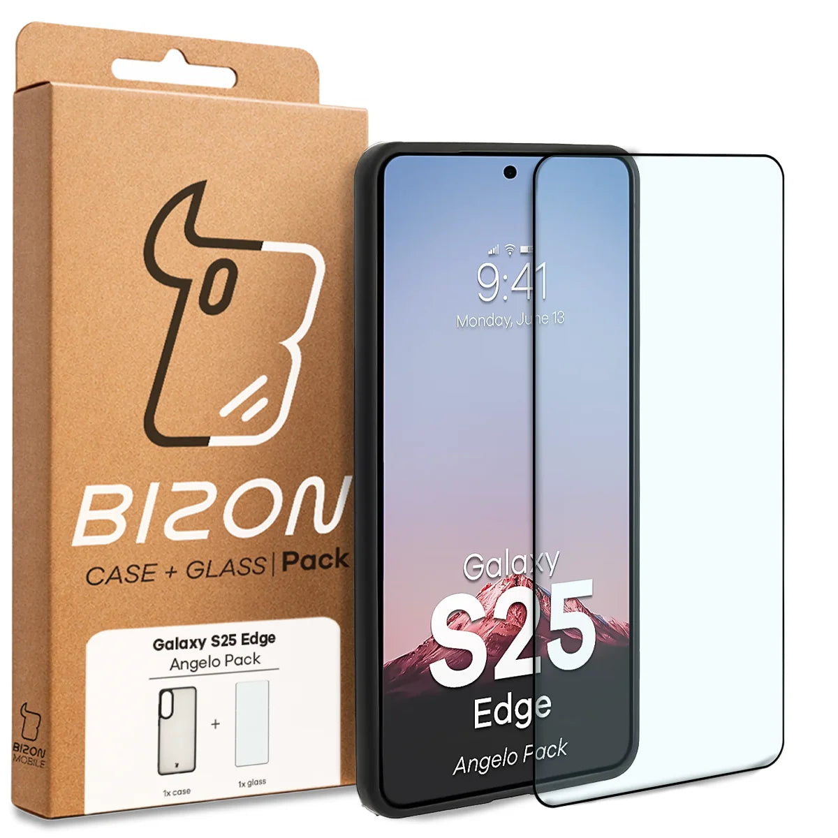 Schutzhülle + gehärtetem Glas Bizon Angelo Pack für Galaxy S25 Edge, Getönte mit schwarzem Rahmen