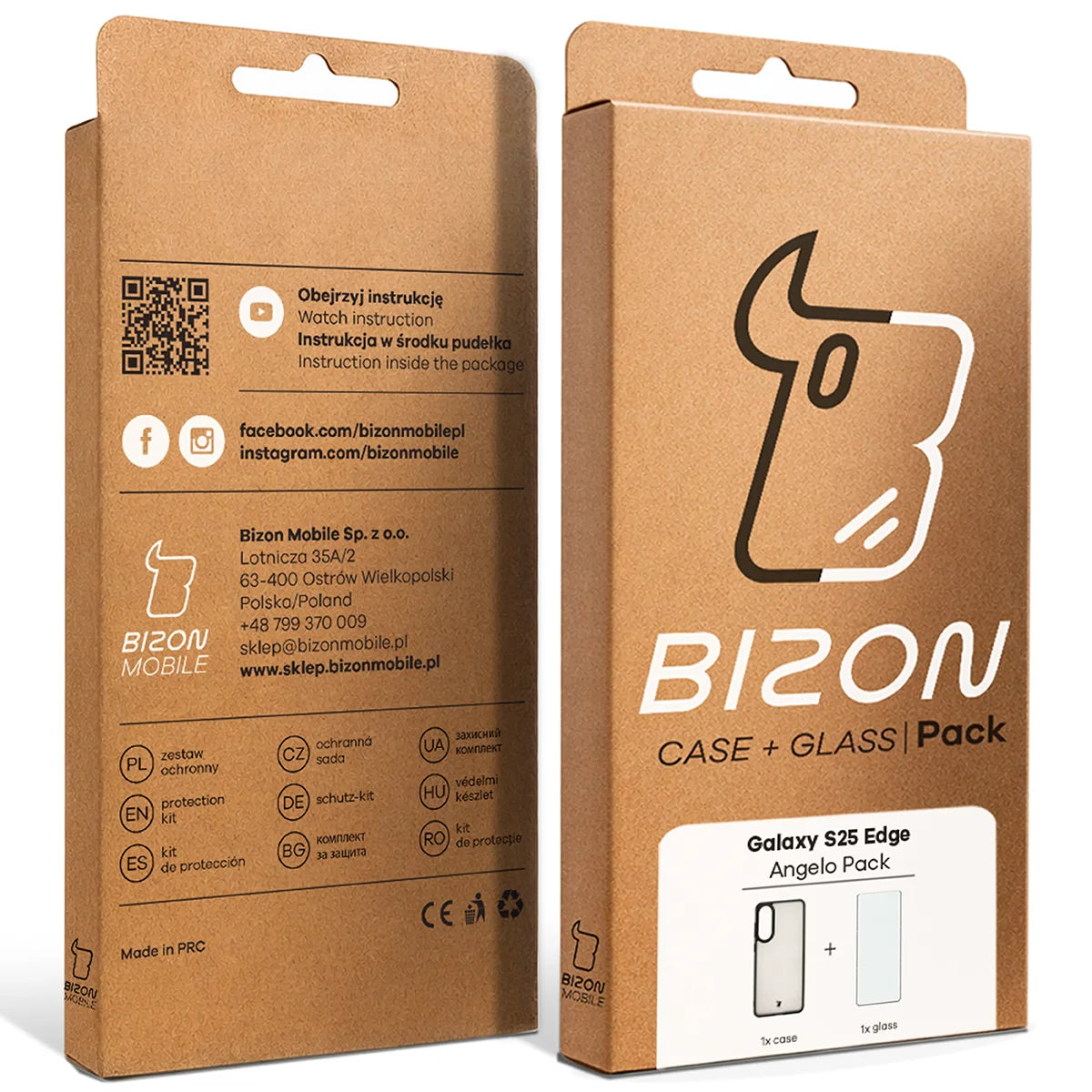 Schutzhülle + gehärtetem Glas Bizon Angelo Pack für Galaxy S25 Edge, Getönte mit schwarzem Rahmen