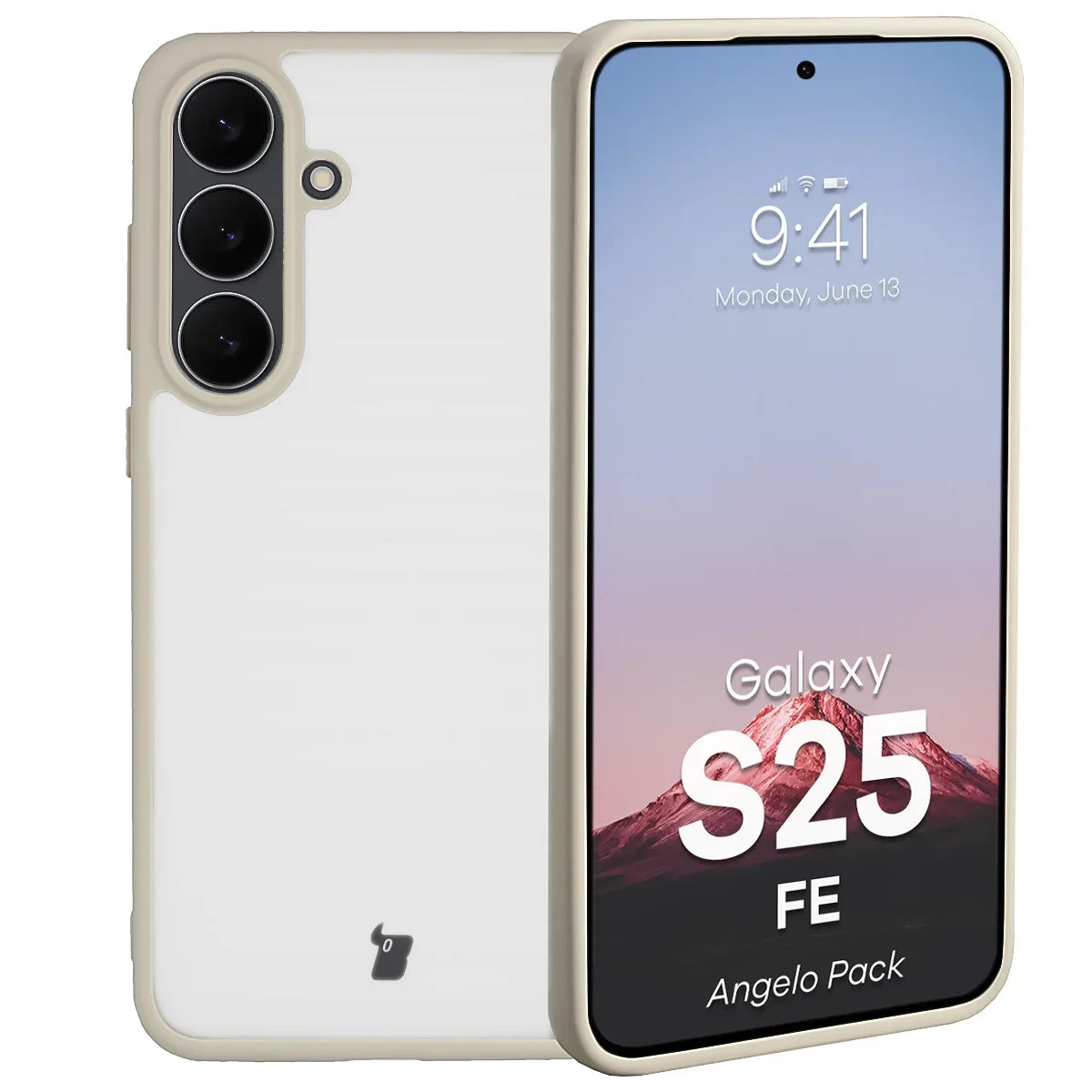 Schutzhülle + gehärtetem Glas für Galaxy S25 FE, Bizon Angelo Pack, Semitransparent mit beigem Rahmen