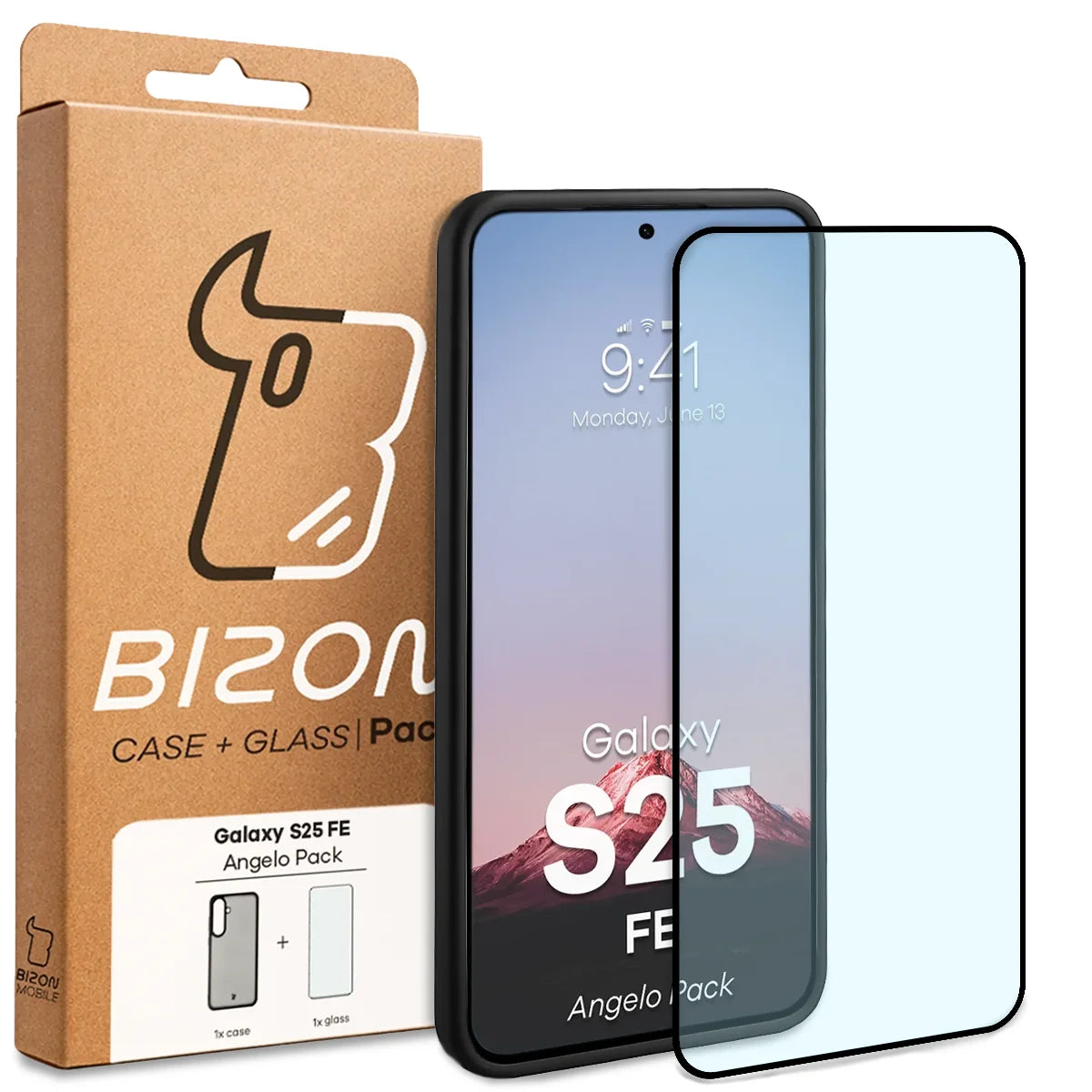 Schutzhülle + gehärtetem Glas für Galaxy S25 FE, Bizon Angelo Pack, Getönte mit schwarzem Rahmen
