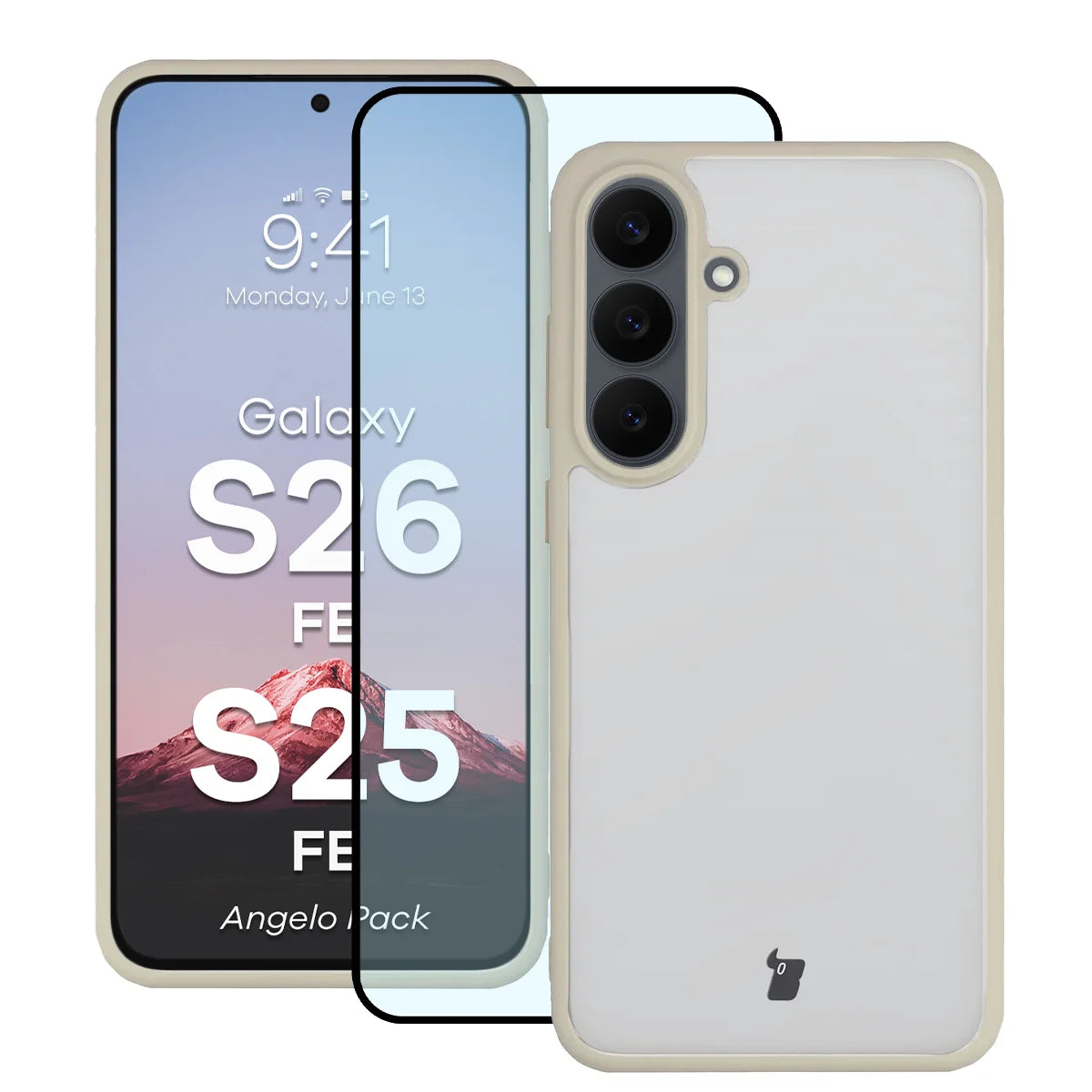 Schutzhülle + gehärtetem Glas für Galaxy S26 FE / S25 FE, Bizon Angelo Pack, Semitransparent mit beigem Rahmen (1/8)
