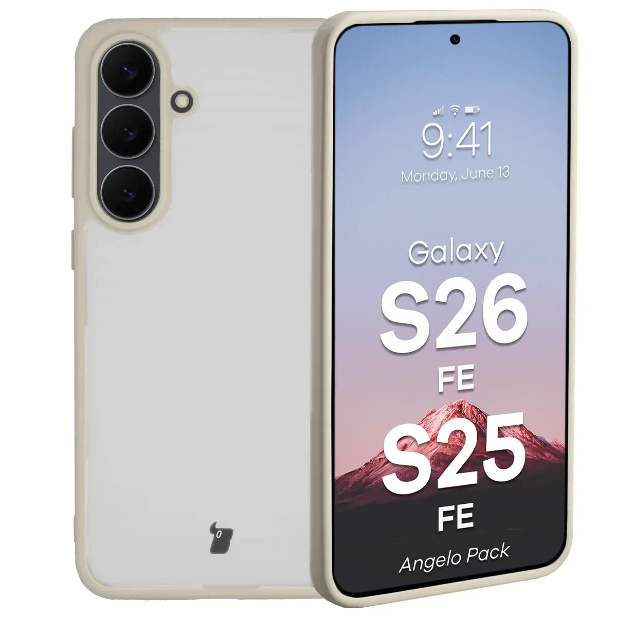 Schutzhülle + gehärtetem Glas für Galaxy S26 FE / S25 FE, Bizon Angelo Pack, Semitransparent mit beigem Rahmen (3/8)