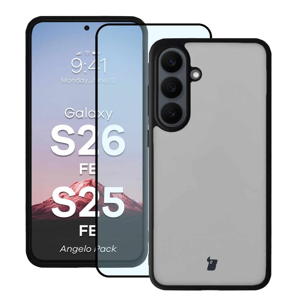 Schutzhülle + gehärtetem Glas für Galaxy S26 FE / S25 FE, Bizon Angelo Pack, Getönte mit schwarzem Rahmen (1/8)