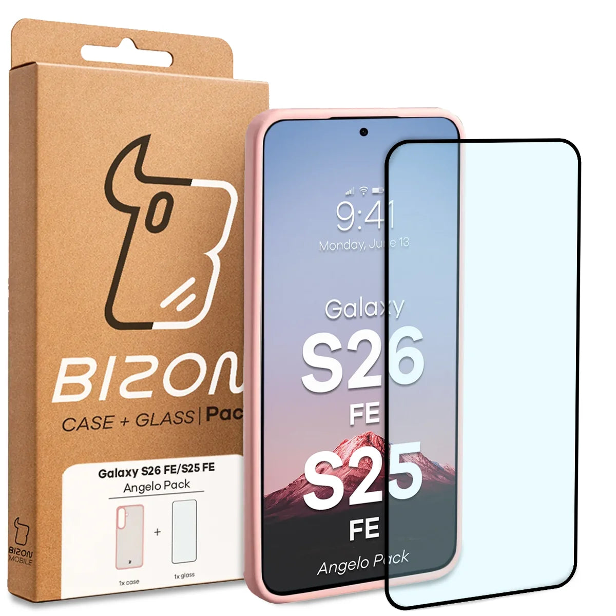 Schutzhülle + gehärtetem Glas für Galaxy S26 FE / S25 FE, Bizon Angelo Pack, Semitransparent mit hellrosem Rahmen (8/8)