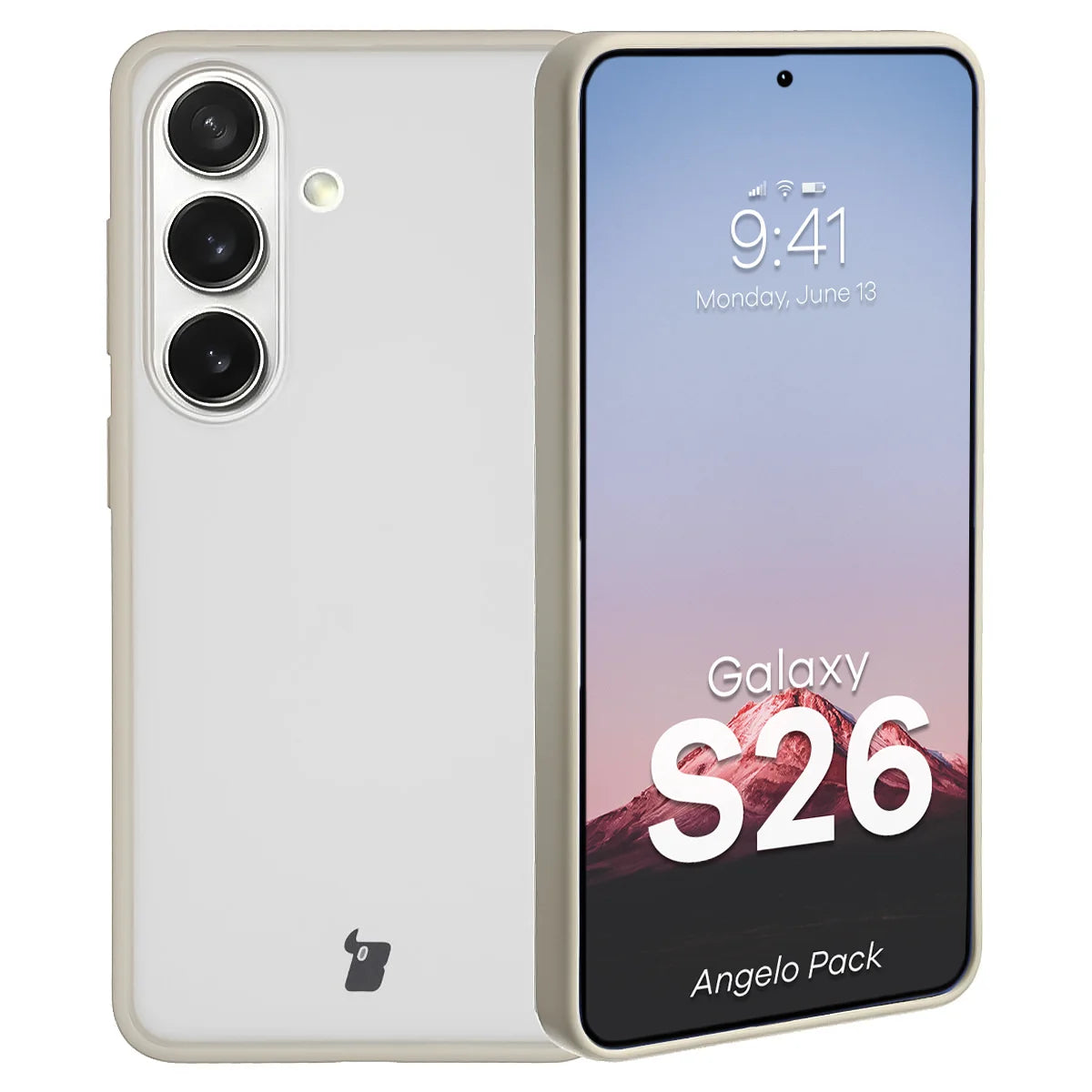 Schutzhülle + gehärtetem Glas Bizon Angelo Pack für Galaxy S26, Semitransparent mit beigem Rahmen