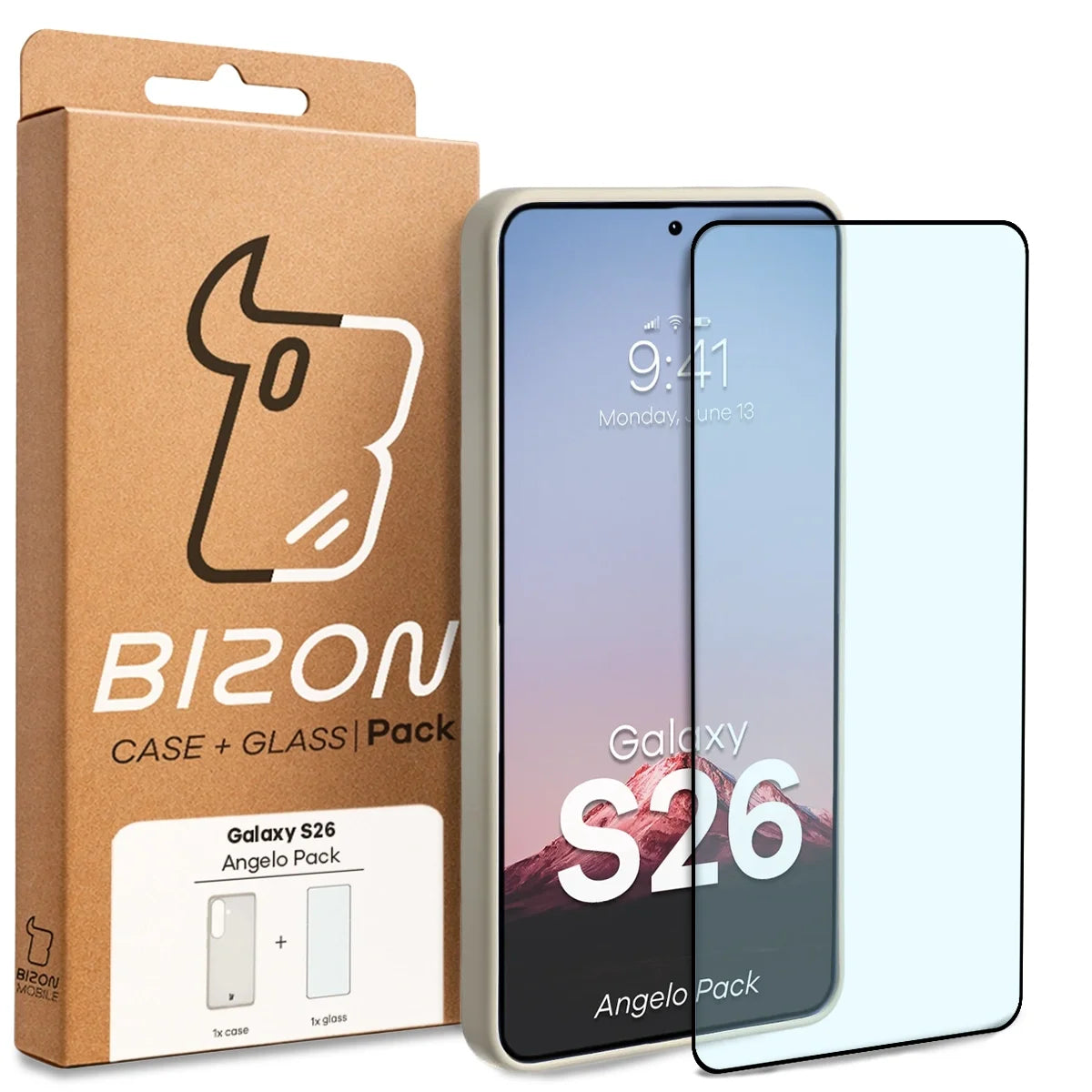 Schutzhülle + gehärtetem Glas Bizon Angelo Pack für Galaxy S26, Semitransparent mit beigem Rahmen