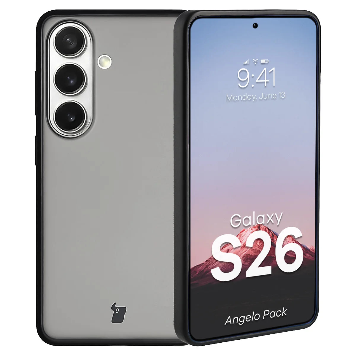 Schutzhülle + gehärtetem Glas für Galaxy S26, Bizon Angelo Pack, Getönte mit schwarzem Rahmen