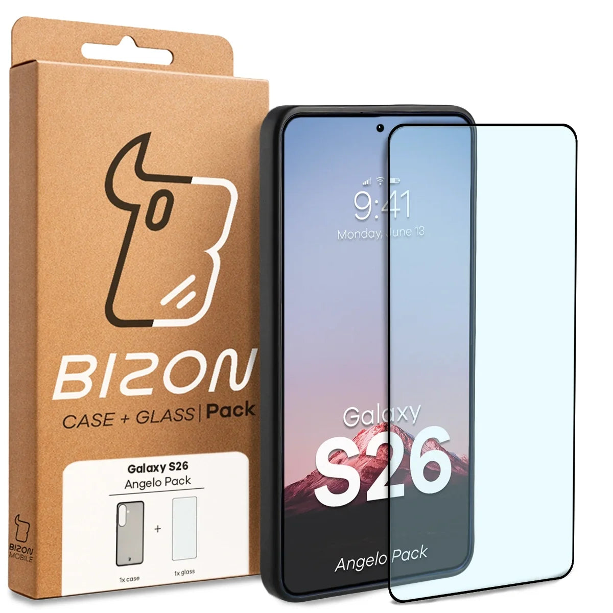 Schutzhülle + gehärtetem Glas für Galaxy S26, Bizon Angelo Pack, Getönte mit schwarzem Rahmen