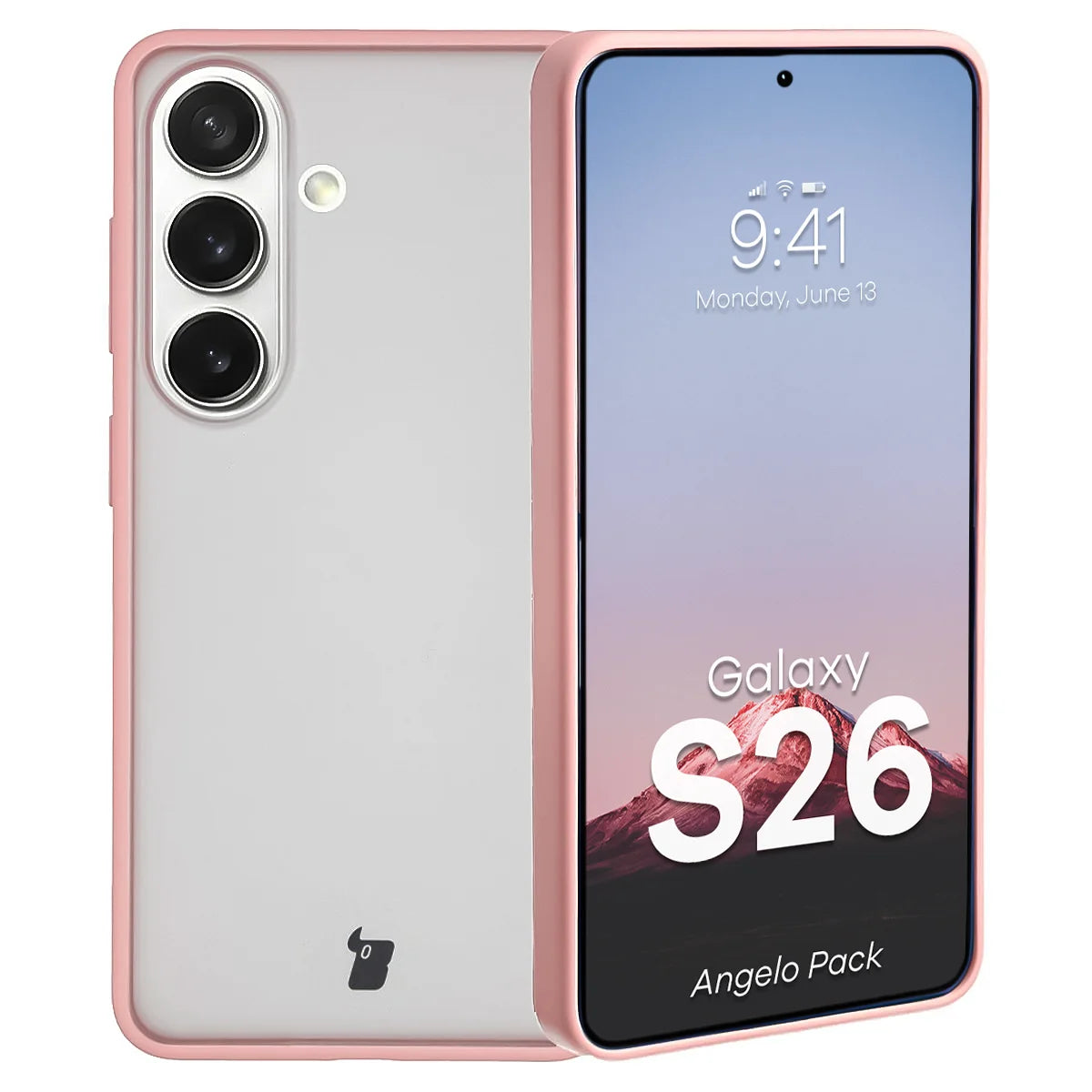 Schutzhülle + gehärtetem Glas Bizon Angelo Pack für Galaxy S26, Semitransparent mit hellrosem Rahmen