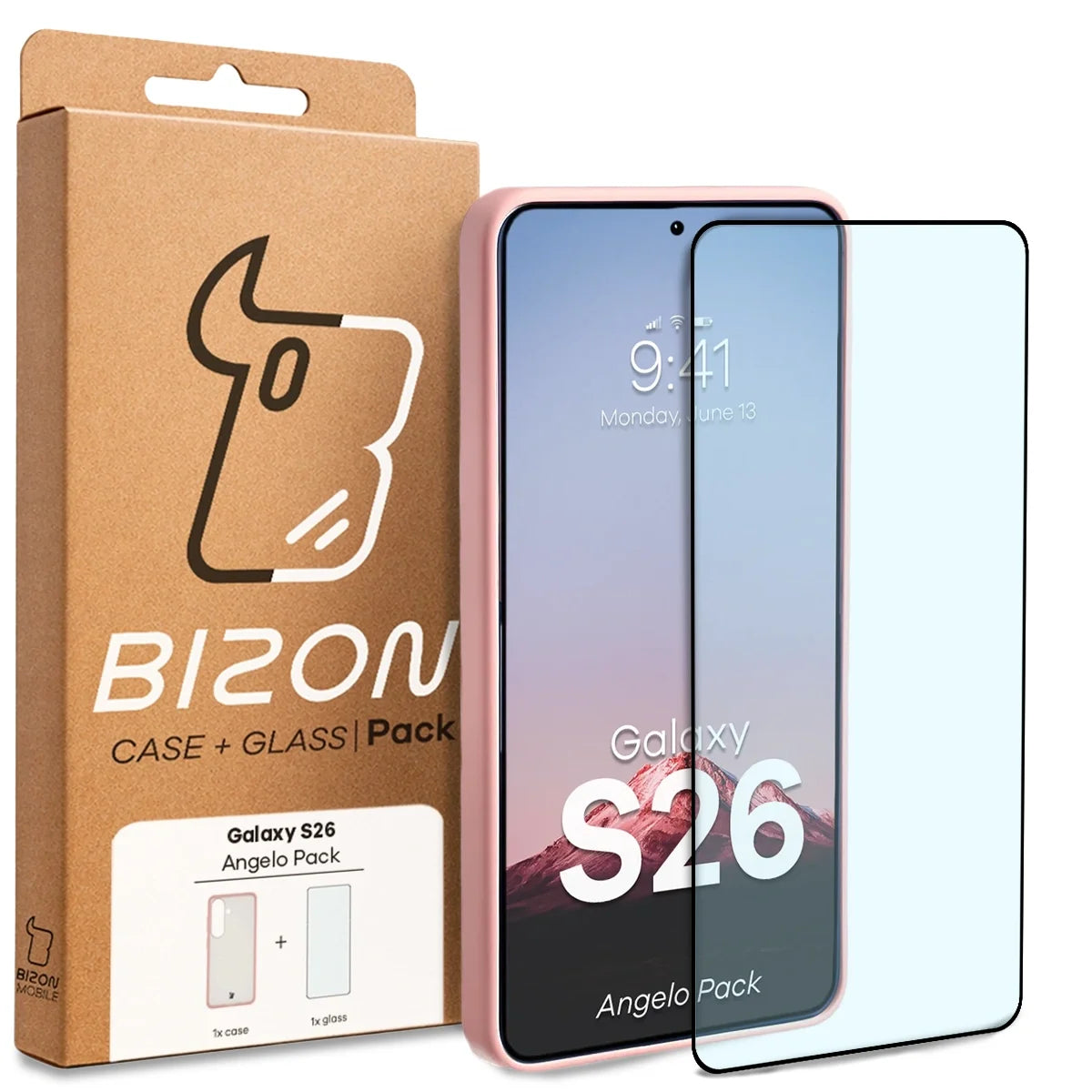 Schutzhülle + gehärtetem Glas Bizon Angelo Pack für Galaxy S26, Semitransparent mit hellrosem Rahmen