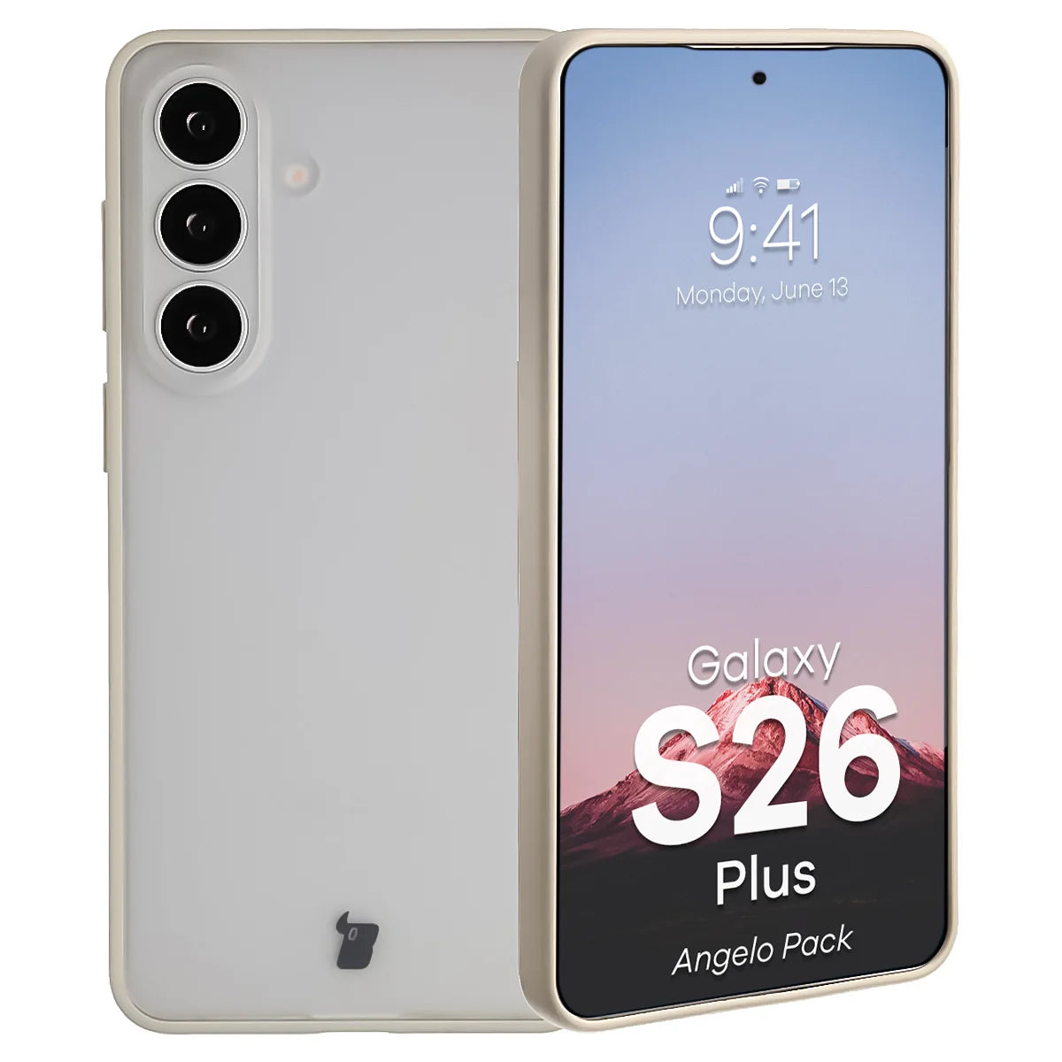 Schutzhülle + gehärtetem Glas für Galaxy S26 Plus, Bizon Angelo Pack, Semitransparent mit beigem Rahmen